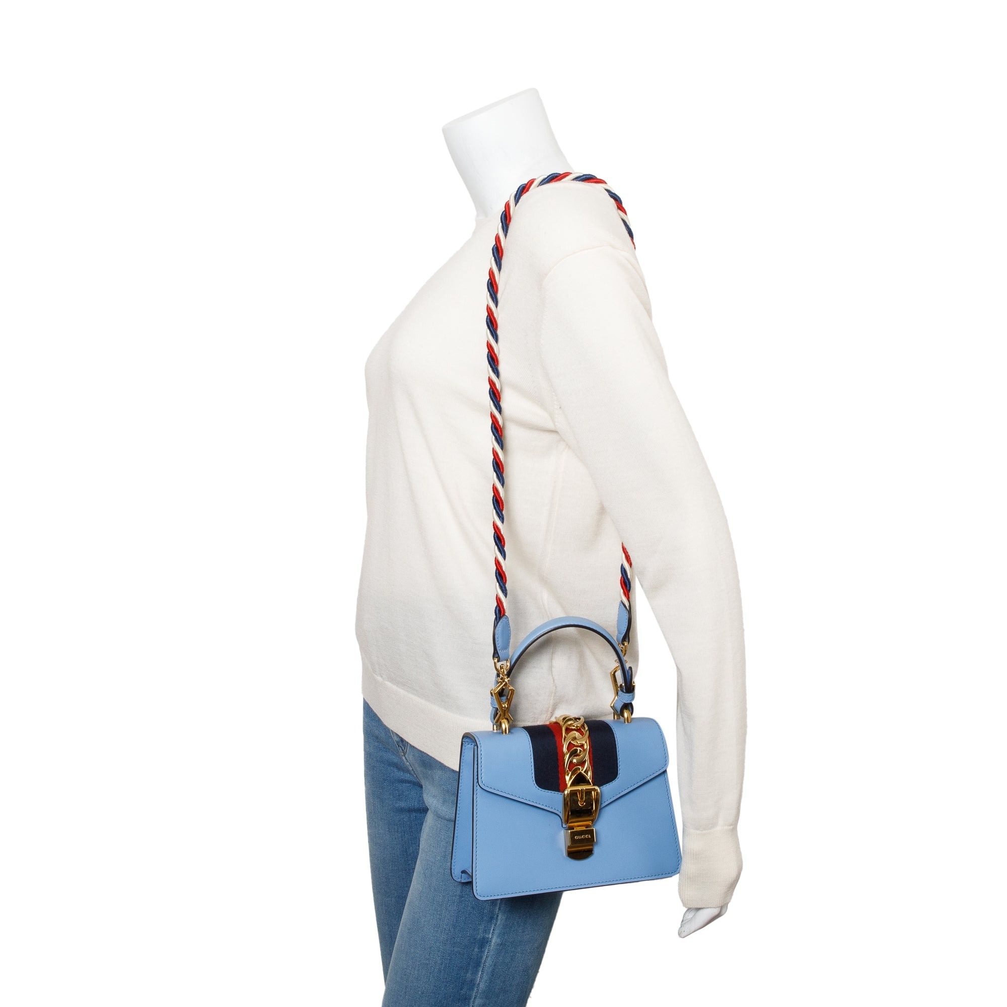 Gucci Blue Calfskin Leather Mini Sylvie Handle Bag w/ Straps