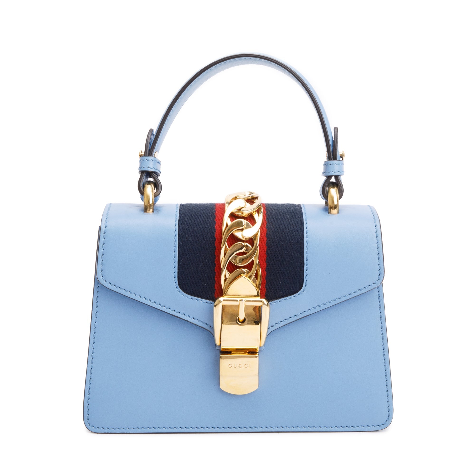 Gucci Blue Calfskin Leather Mini Sylvie Handle Bag w/ Straps