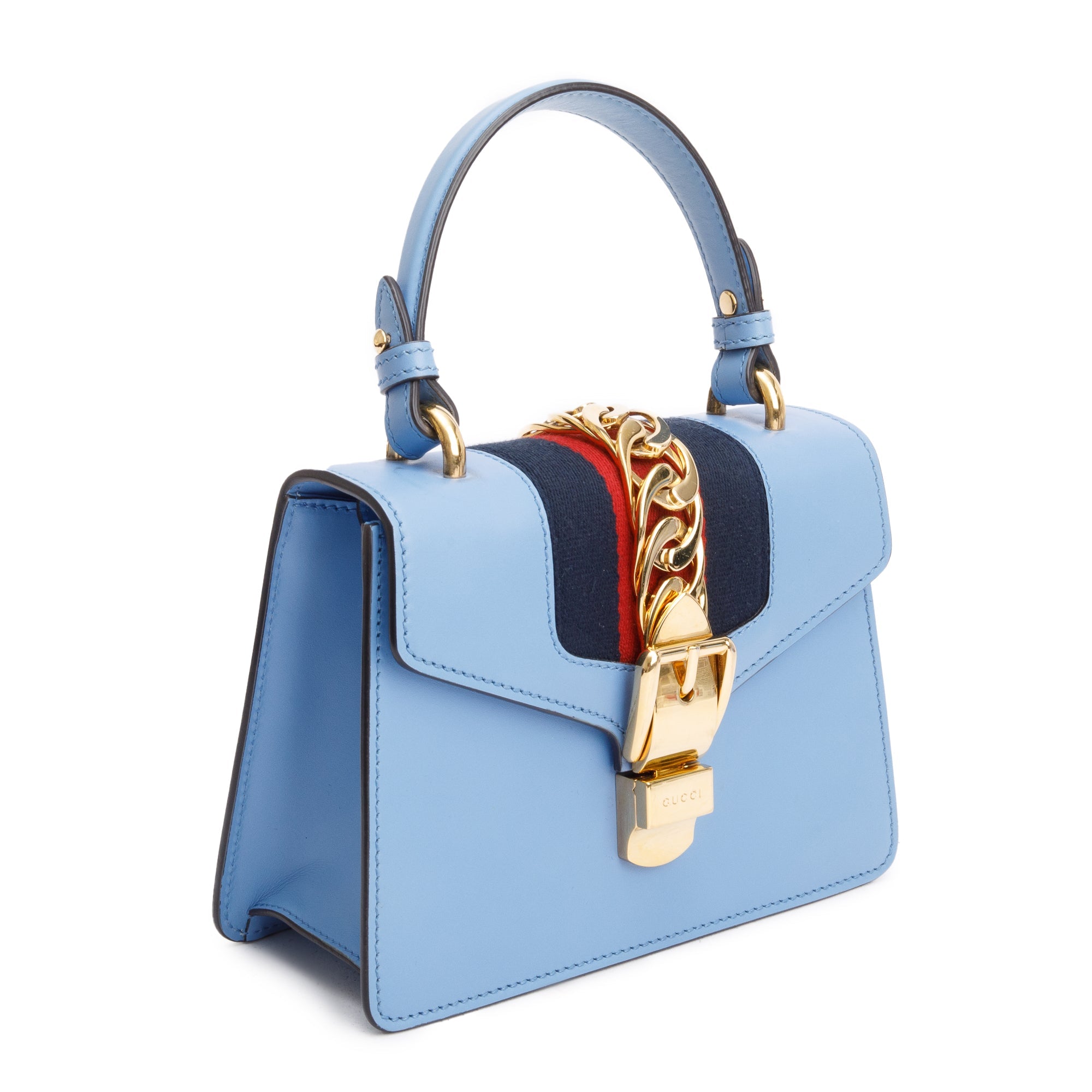 Gucci Blue Calfskin Leather Mini Sylvie Handle Bag w/ Straps
