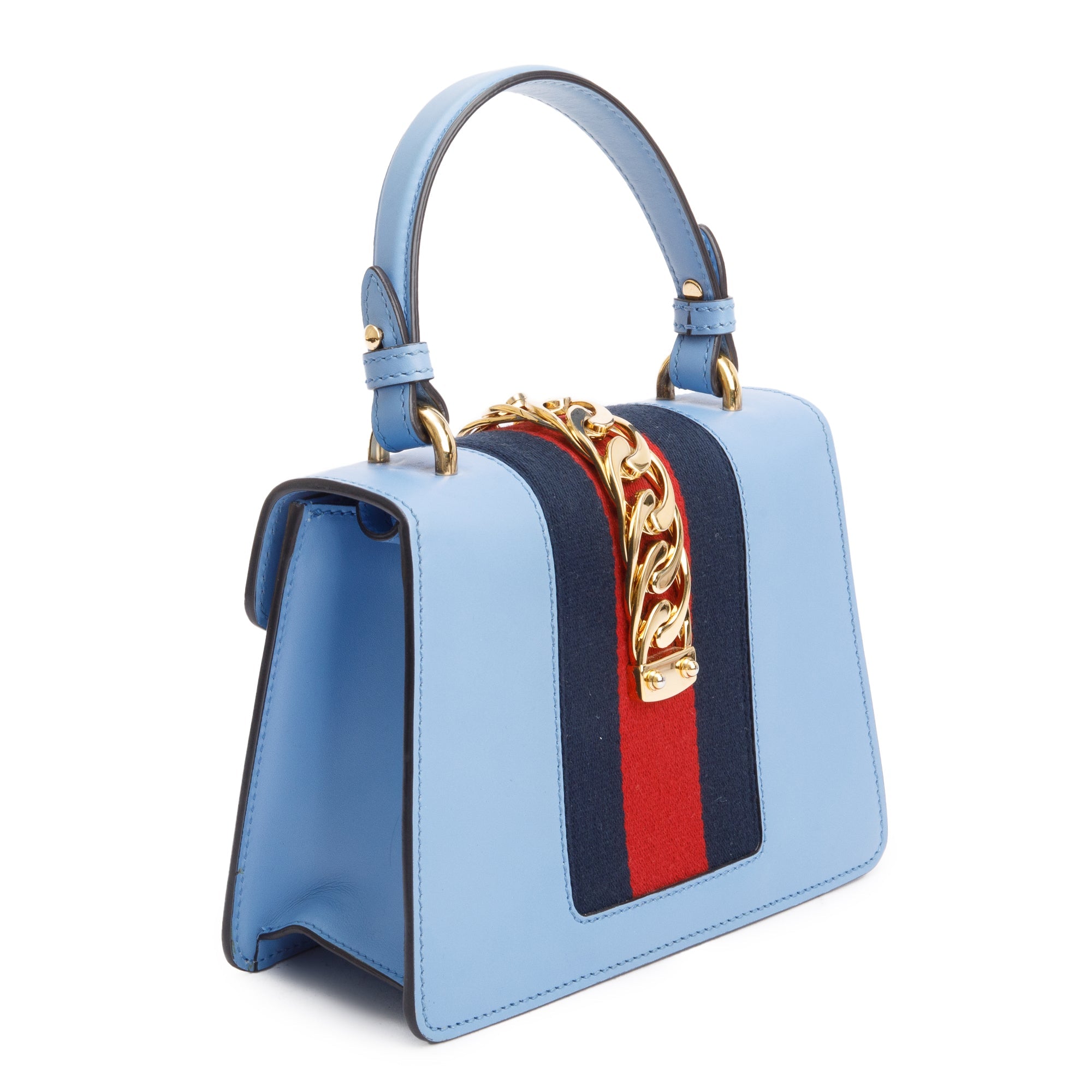 Gucci Blue Calfskin Leather Mini Sylvie Handle Bag w/ Straps
