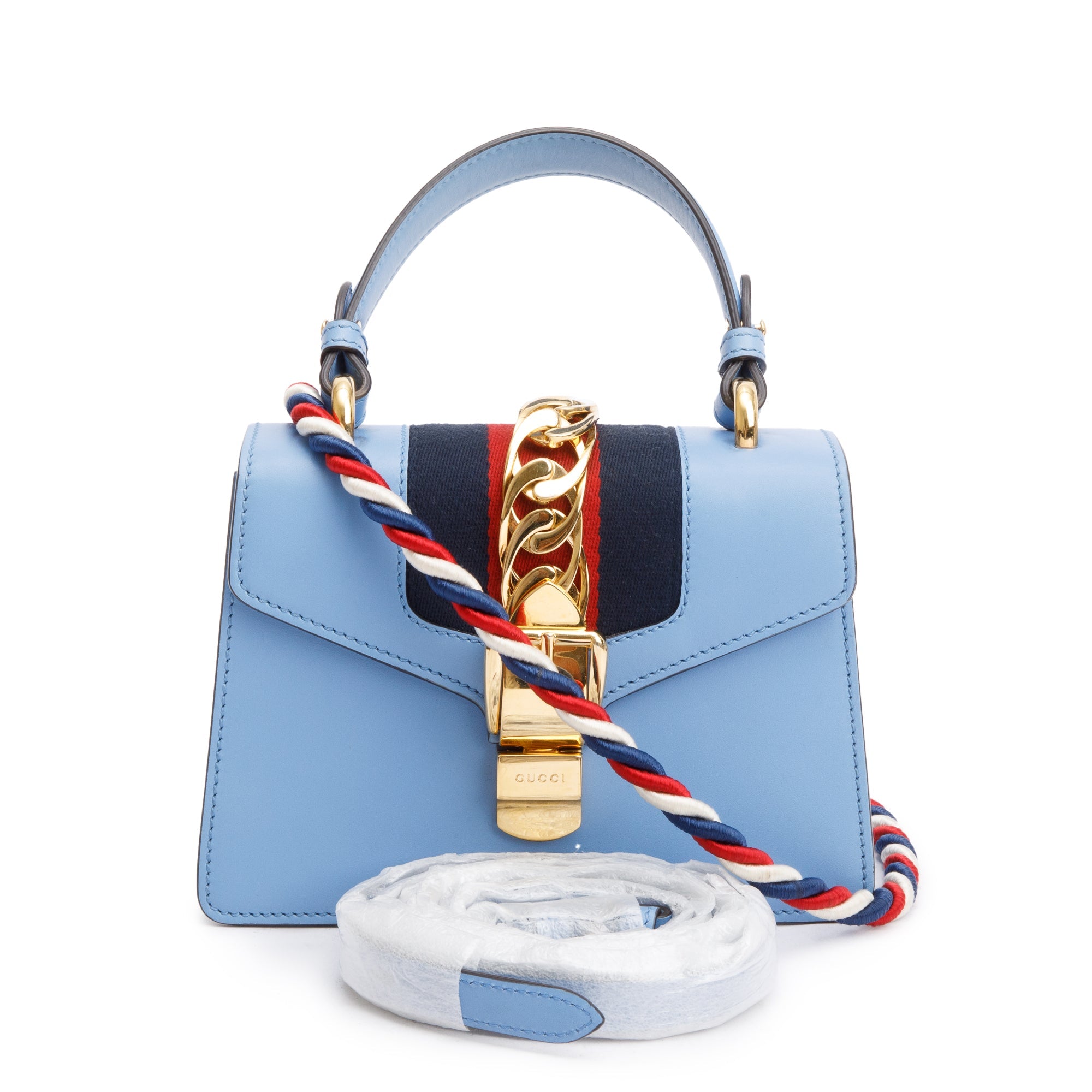 Gucci Blue Calfskin Leather Mini Sylvie Handle Bag w/ Straps