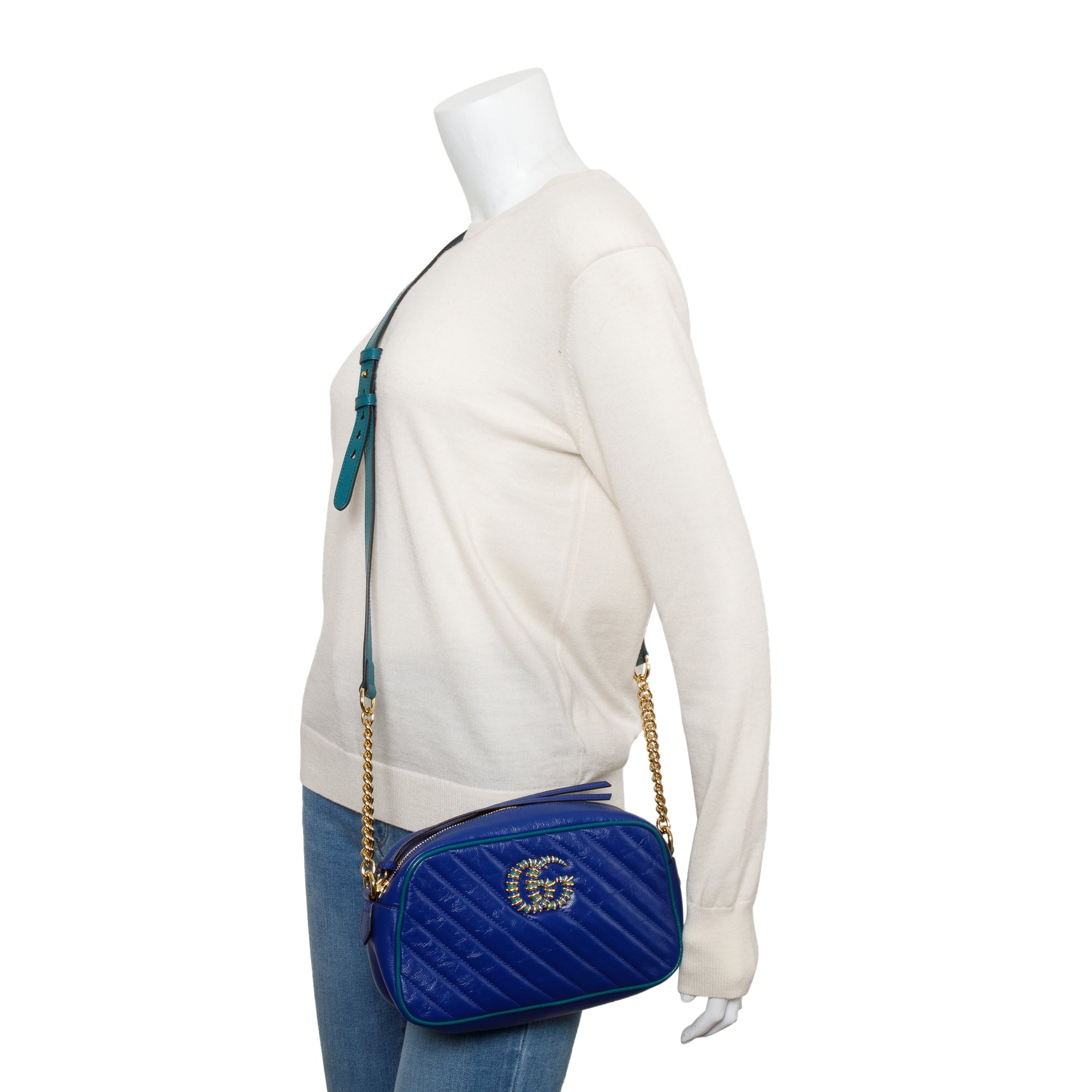 Gucci Blue Diagonal Torchon GG Marmont Small Chain Shoulder Bag