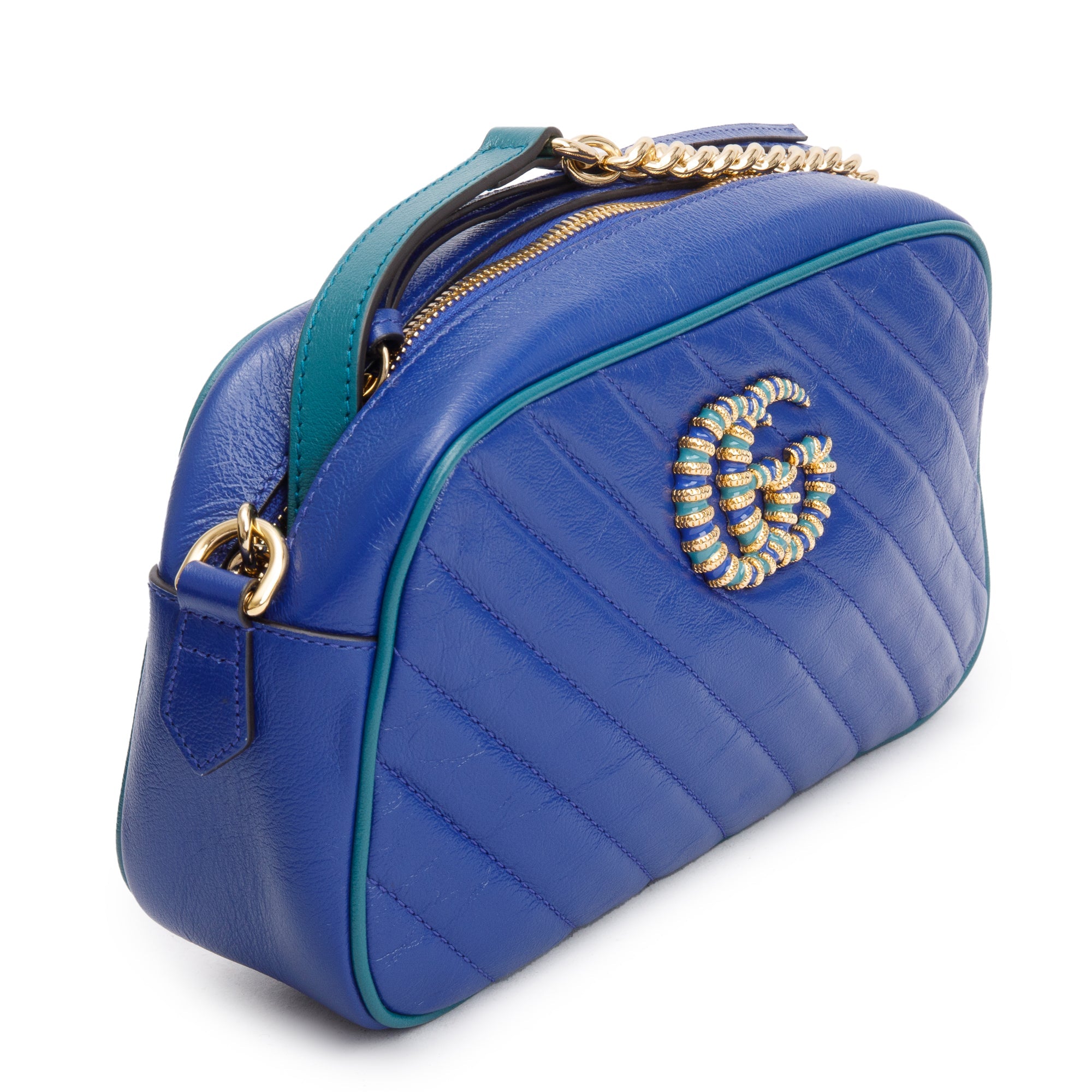 Gucci Blue Diagonal Torchon GG Marmont Small Chain Shoulder Bag