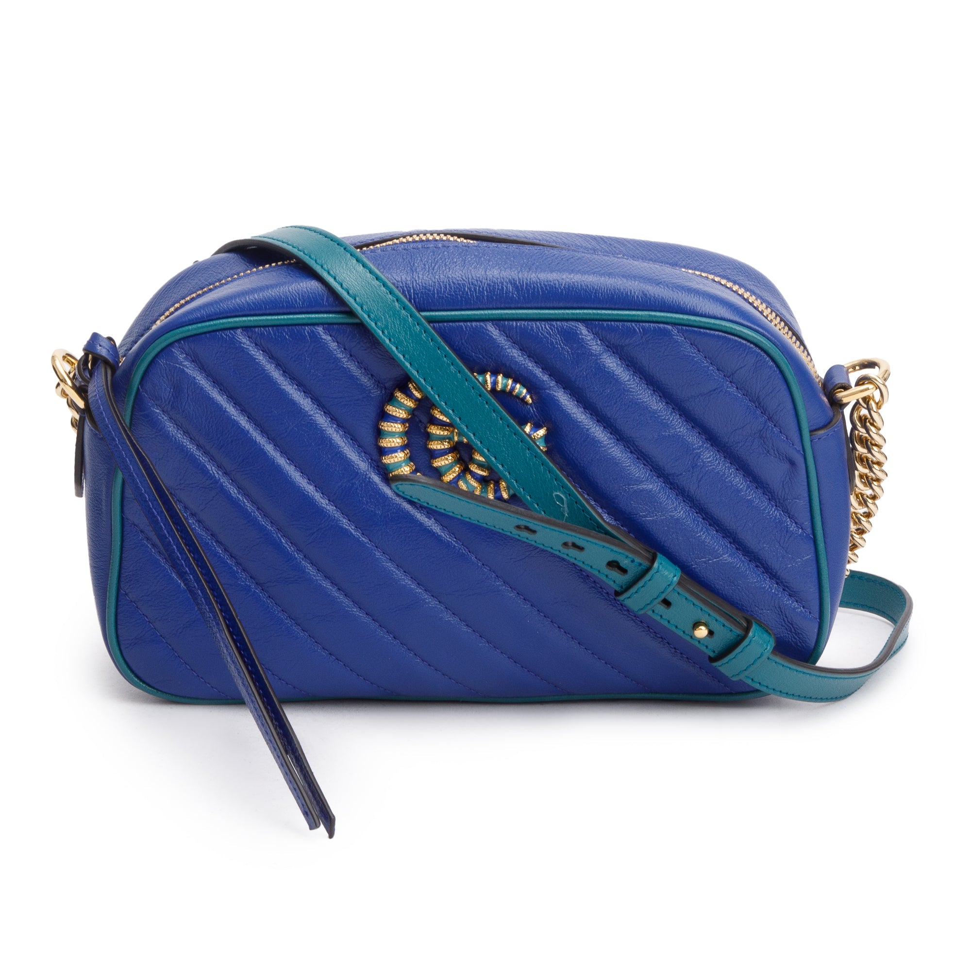 Gucci Blue Diagonal Torchon GG Marmont Small Chain Shoulder Bag