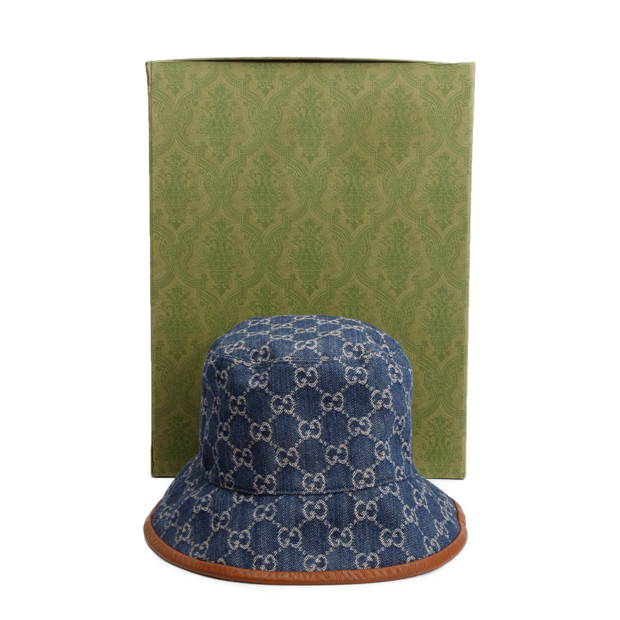 Gucci Blue GG Denim Brown Leather Bucket Hat, Size M 58 w/ Box
