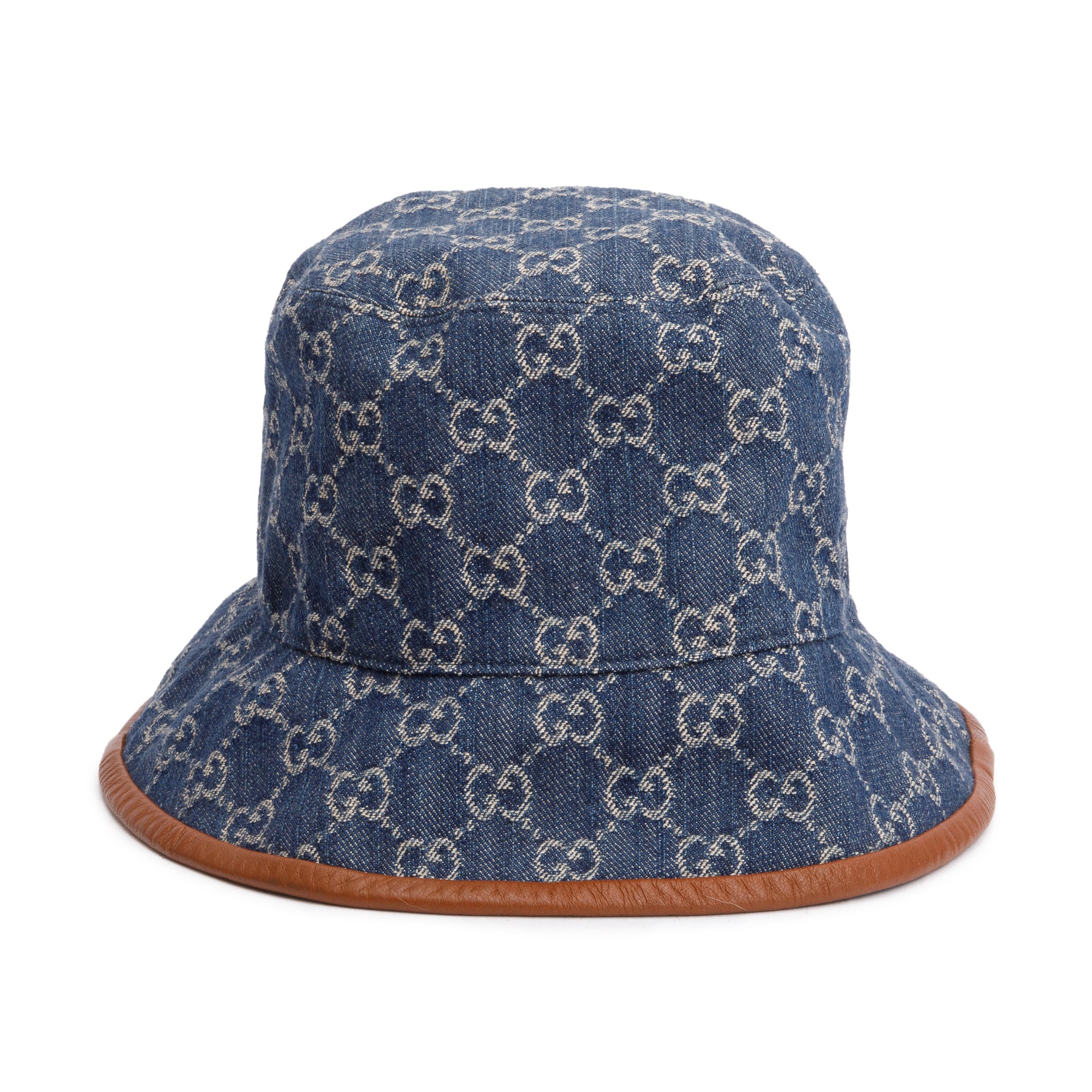 Gucci Blue GG Denim Brown Leather Bucket Hat, Size M 58 w/ Box