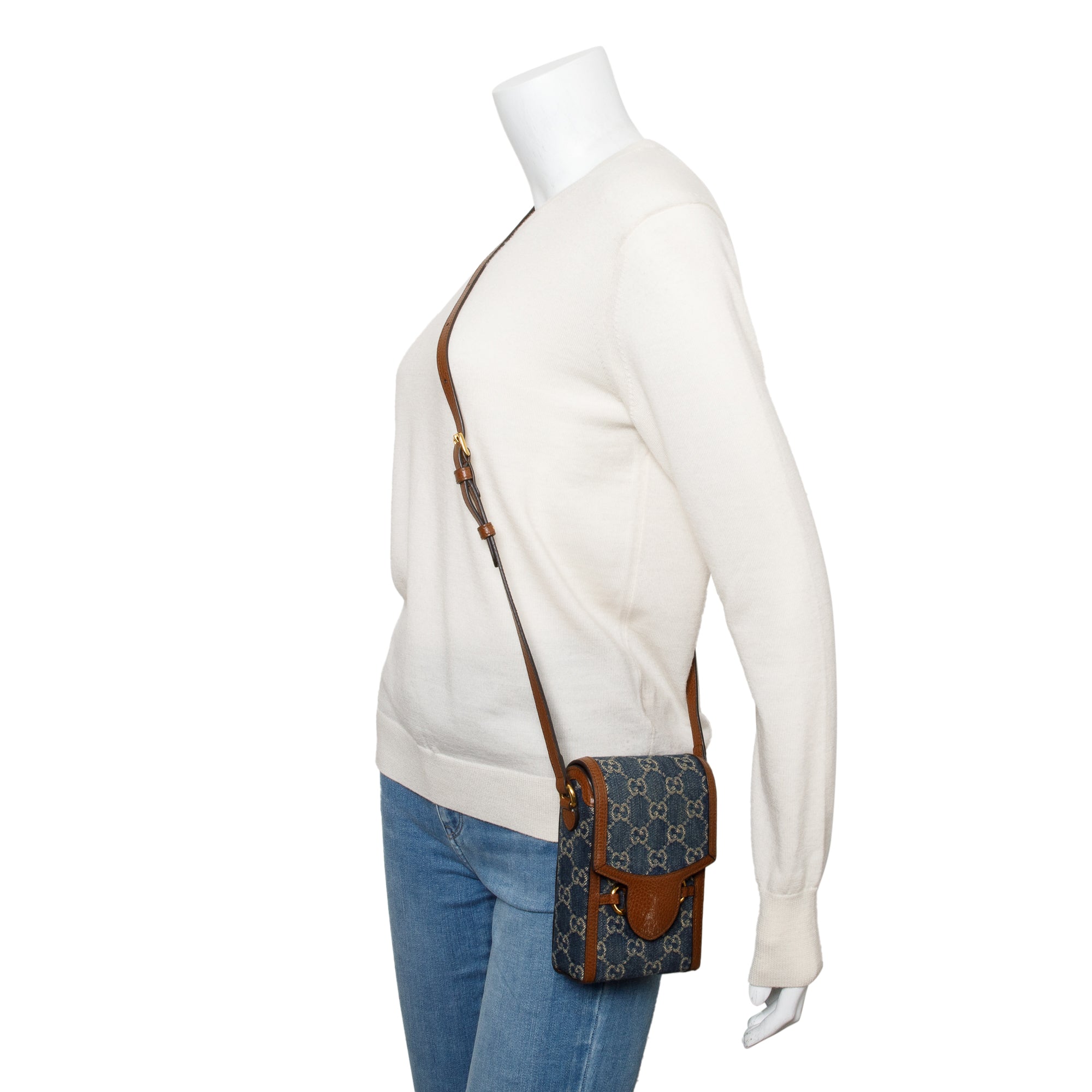 Gucci Blue GG Denim Brown Leather Trim Mini Horsebit 1955 Crossbody Bag w/ Box