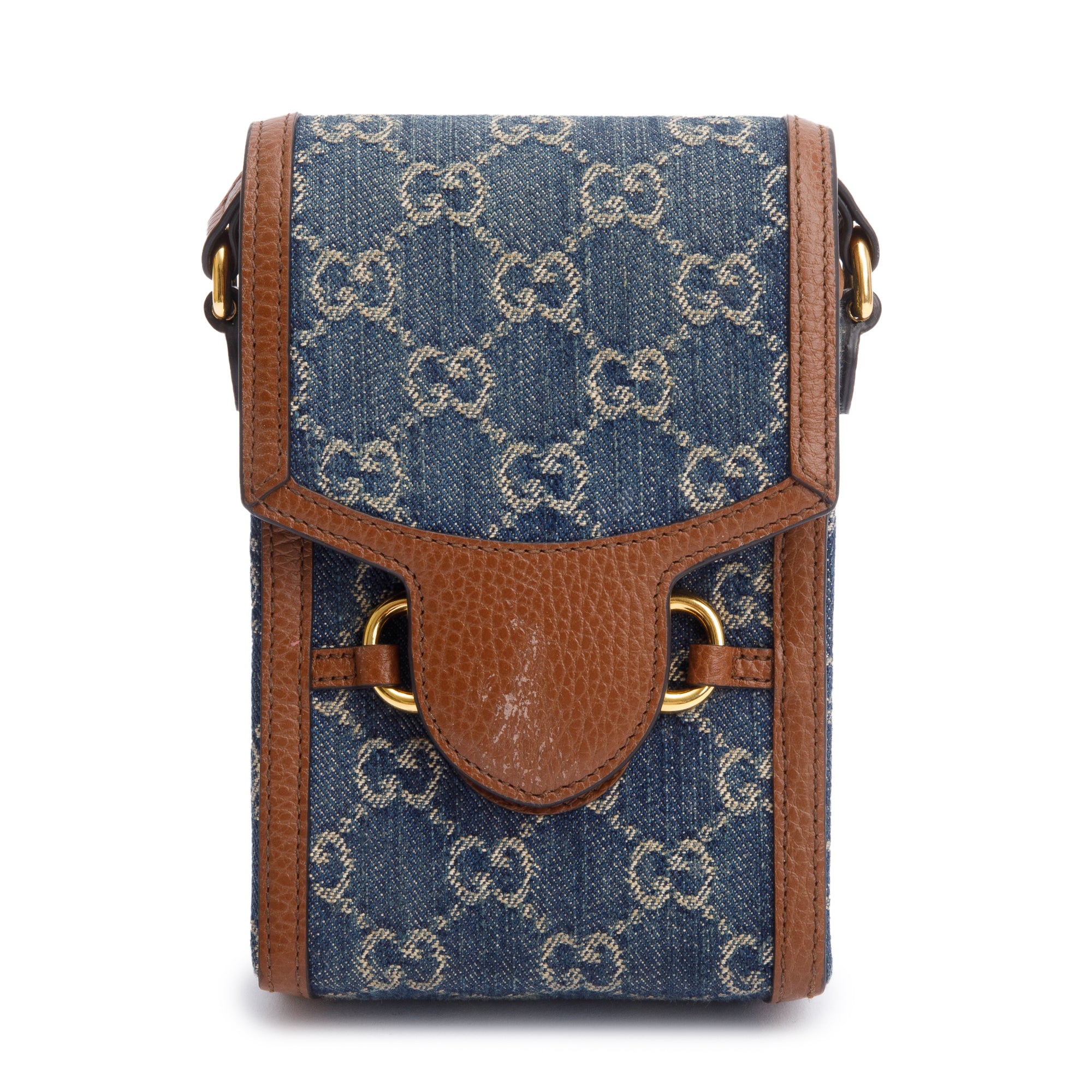 Gucci Blue GG Denim Brown Leather Trim Mini Horsebit 1955 Crossbody Bag w/ Box