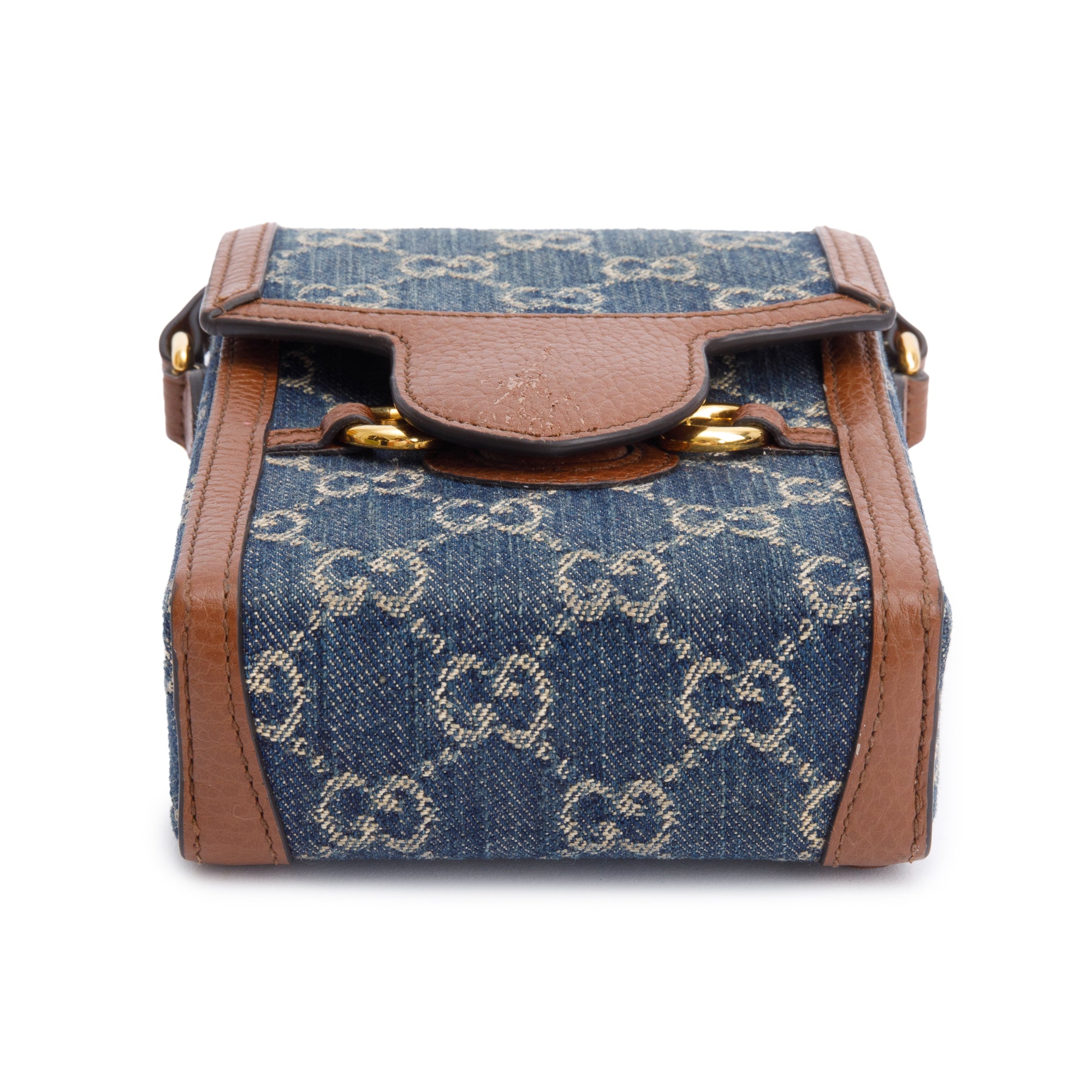 Gucci Blue GG Denim Brown Leather Trim Mini Horsebit 1955 Crossbody Bag w/ Box