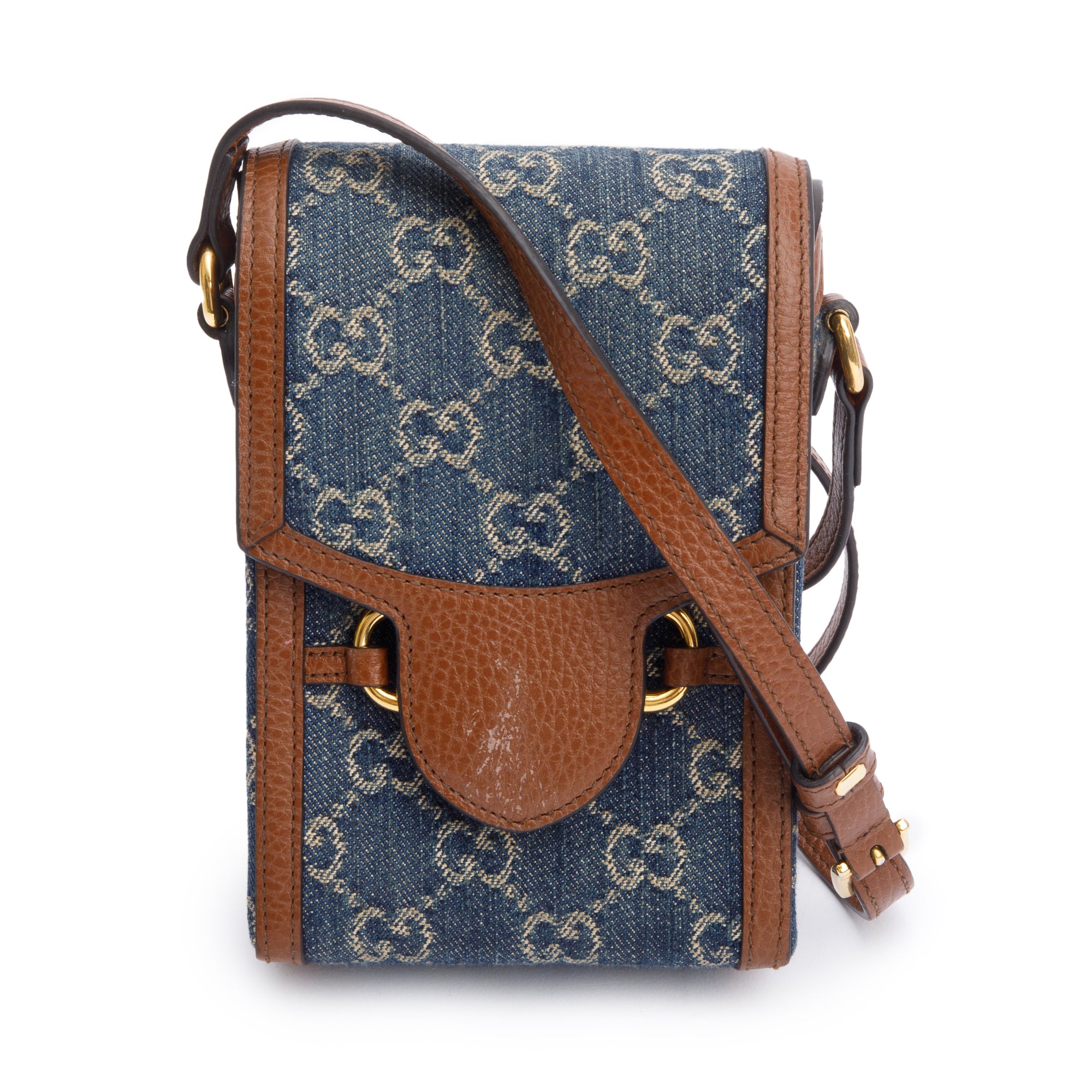 Gucci Blue GG Denim Brown Leather Trim Mini Horsebit 1955 Crossbody Bag w/ Box