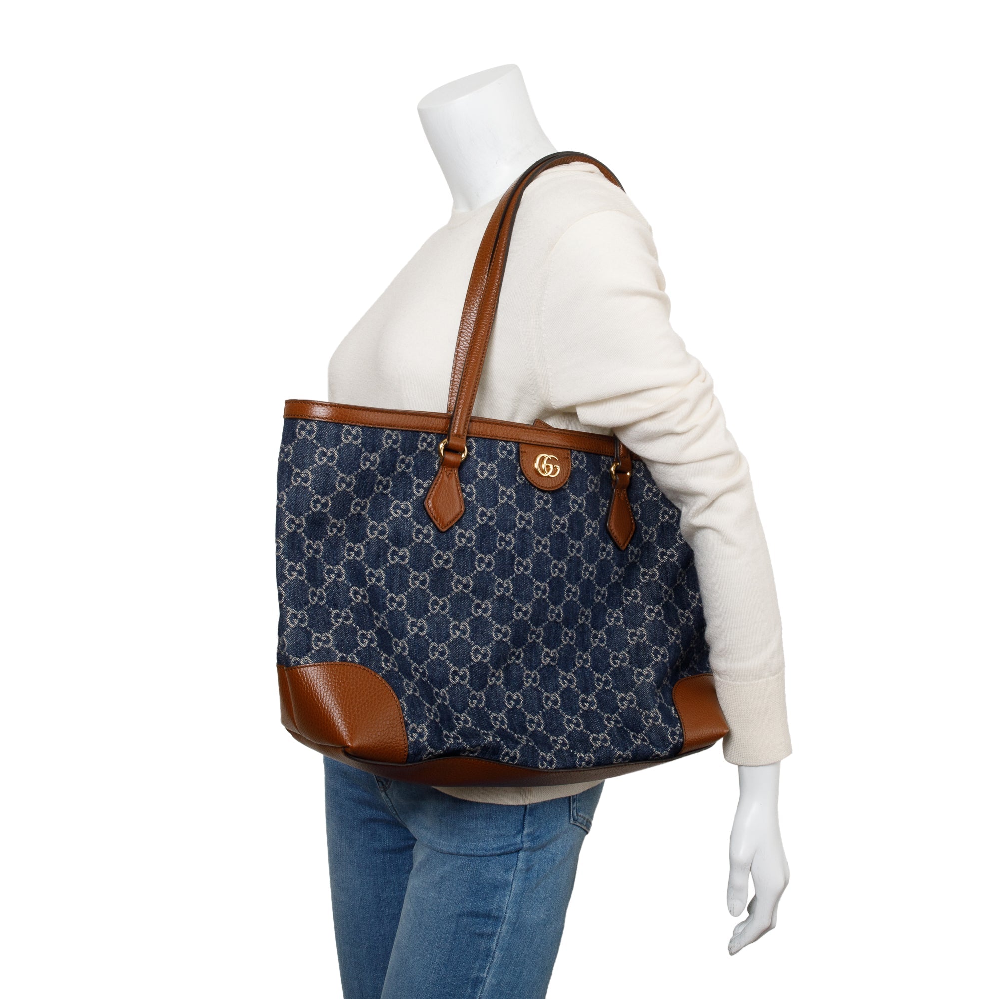 Gucci Blue GG Denim Brown Leather Trim Ophidia GG Medium Tote