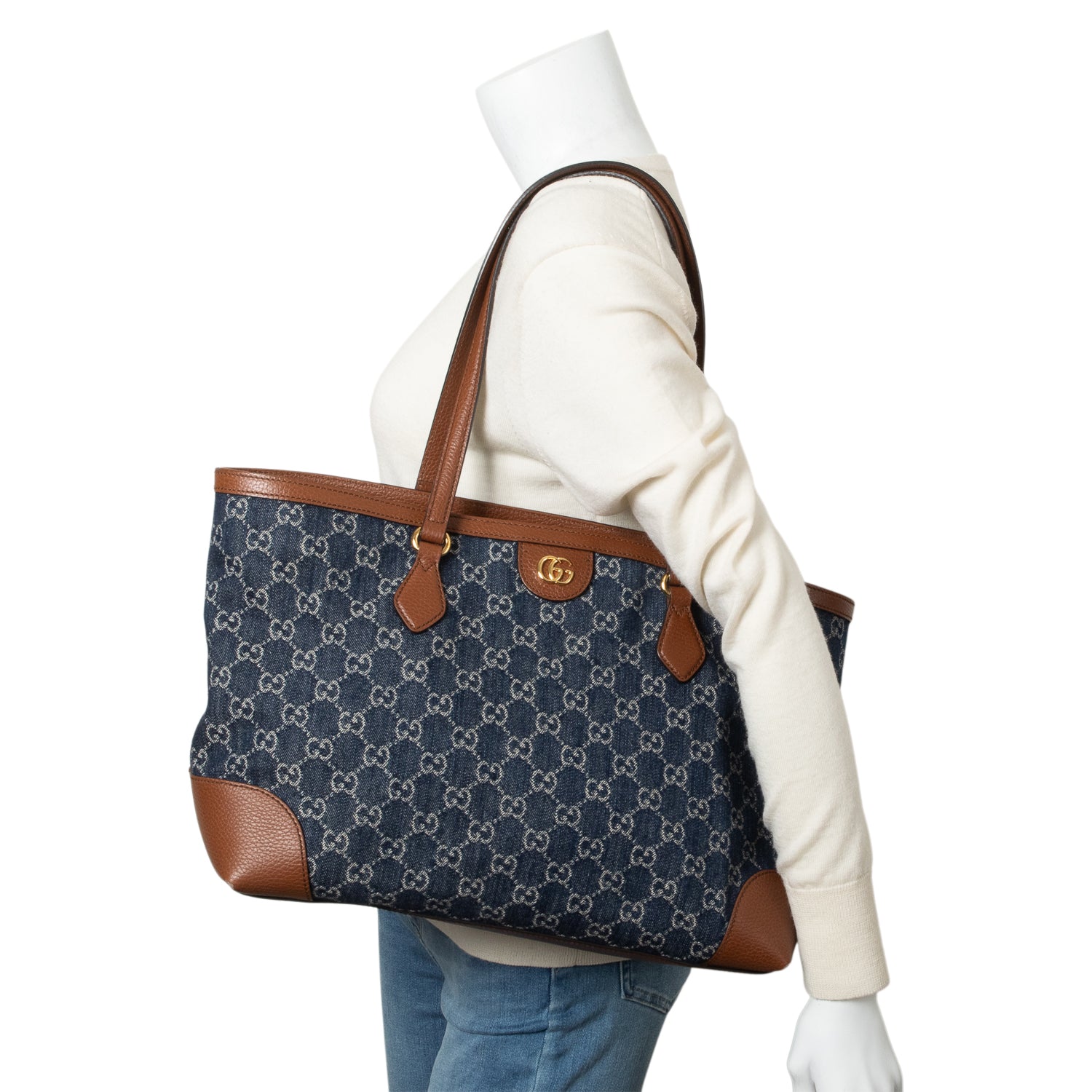 Gucci Blue GG Denim Brown Leather Trim Ophidia GG Medium Tote