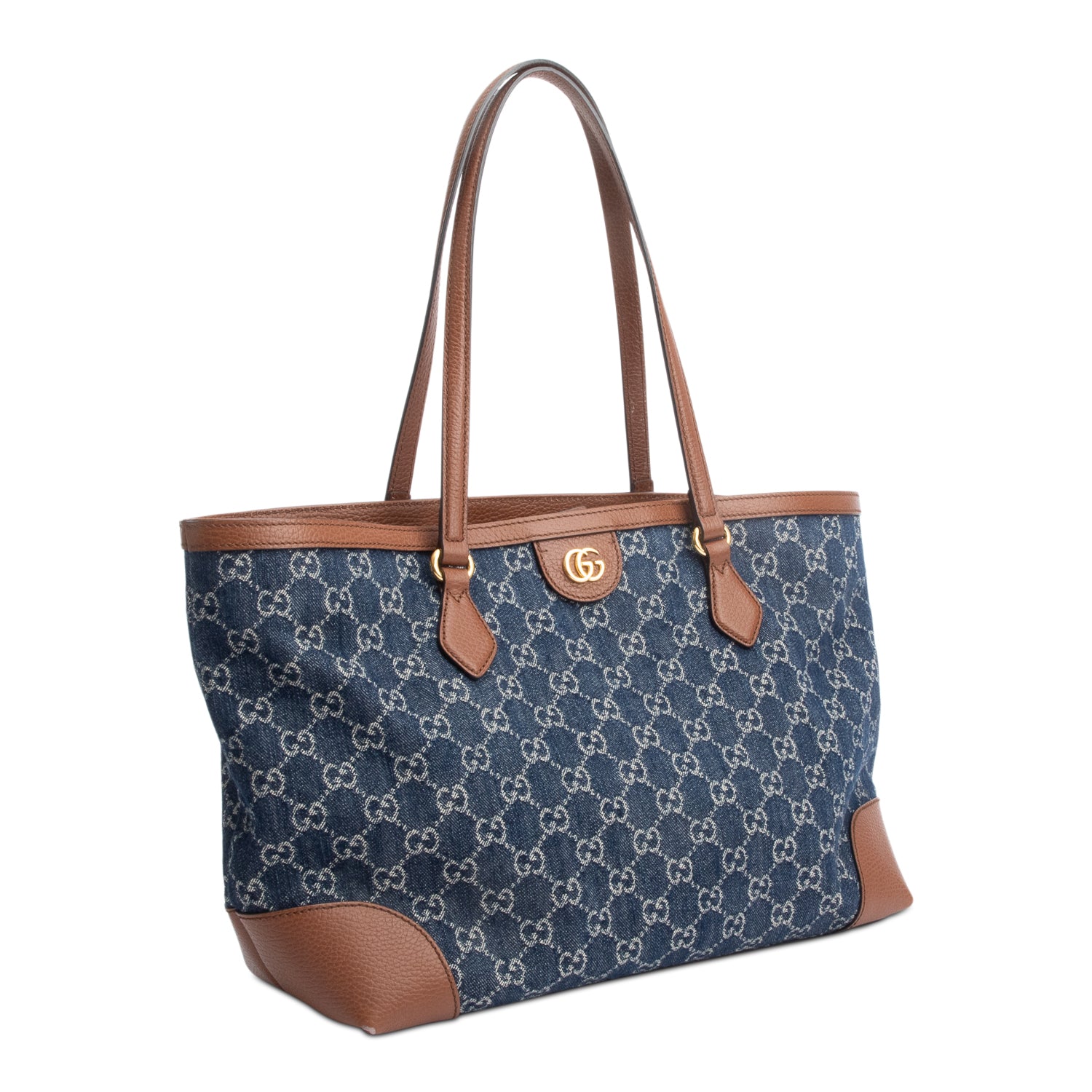 Gucci Blue GG Denim Brown Leather Trim Ophidia GG Medium Tote