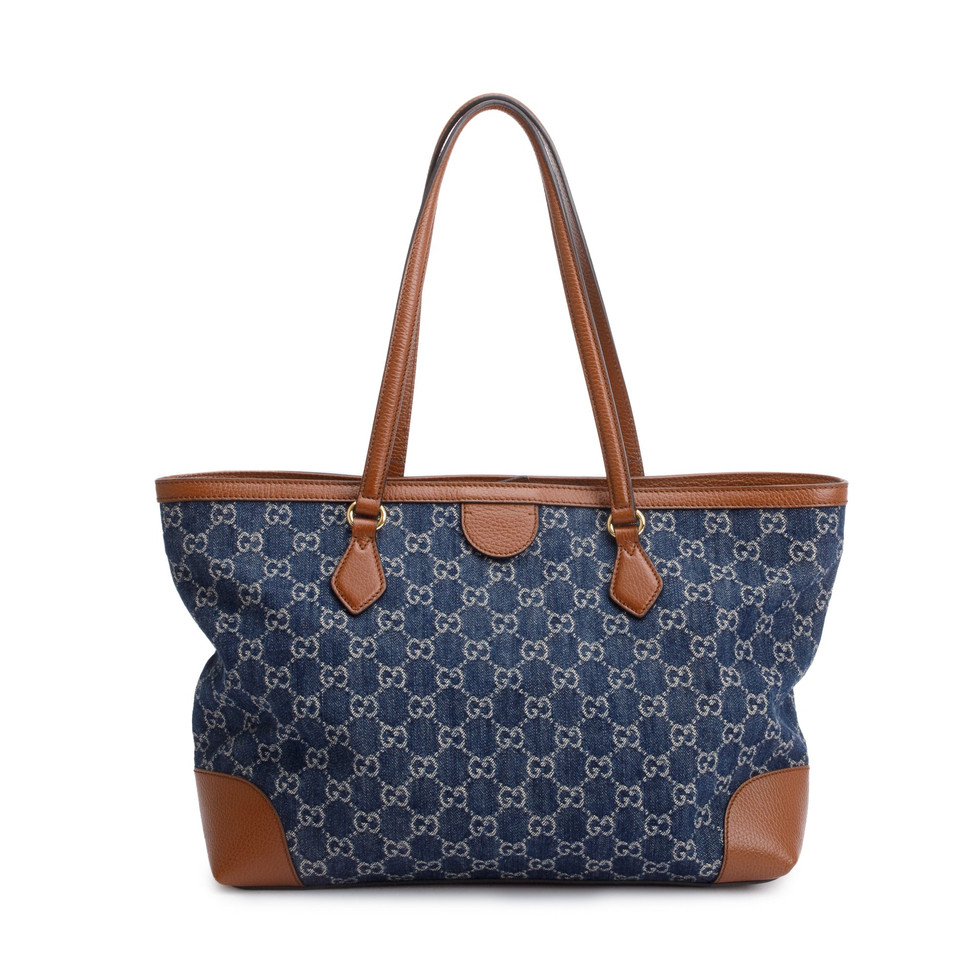 Gucci Blue GG Denim Brown Leather Trim Ophidia GG Medium Tote