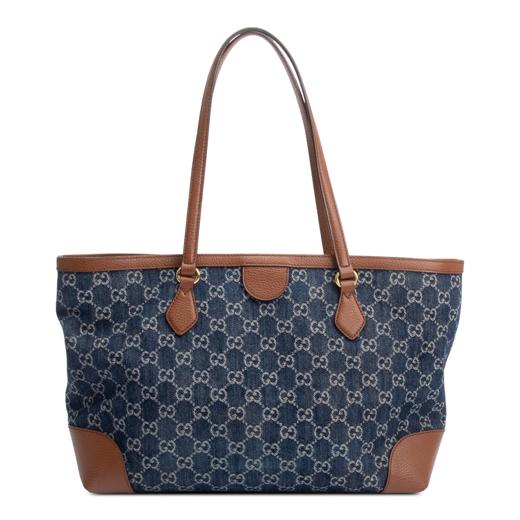 Gucci Blue GG Denim Brown Leather Trim Ophidia GG Medium Tote