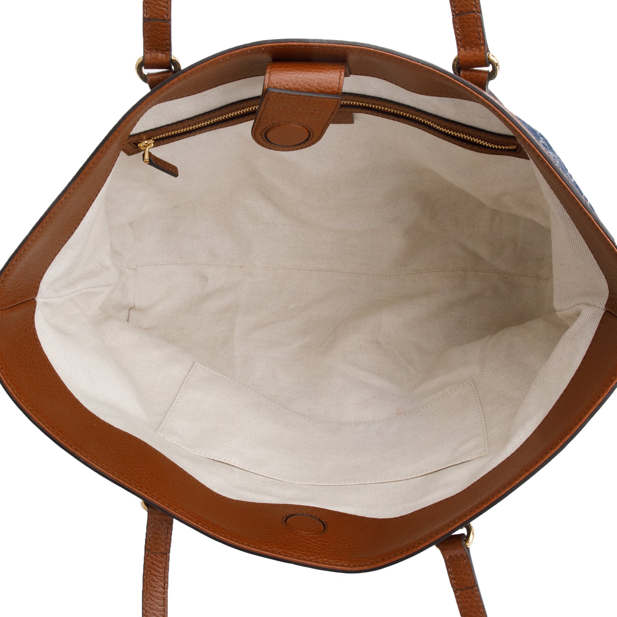 Gucci Blue GG Denim Brown Leather Trim Ophidia GG Medium Tote