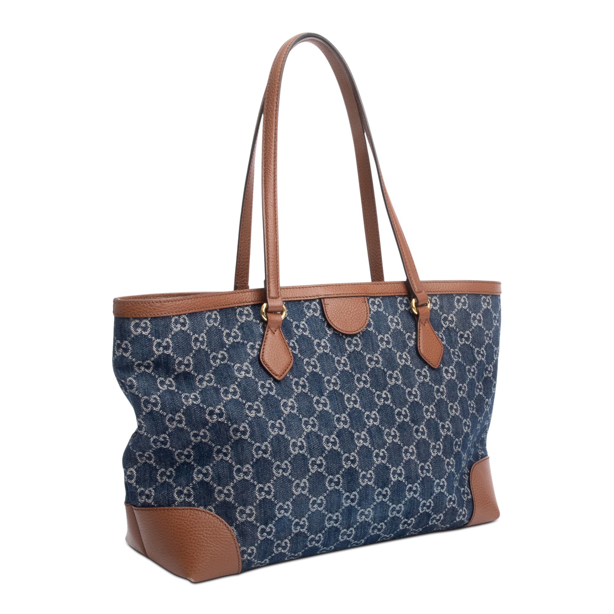 Gucci Blue GG Denim Brown Leather Trim Ophidia GG Medium Tote