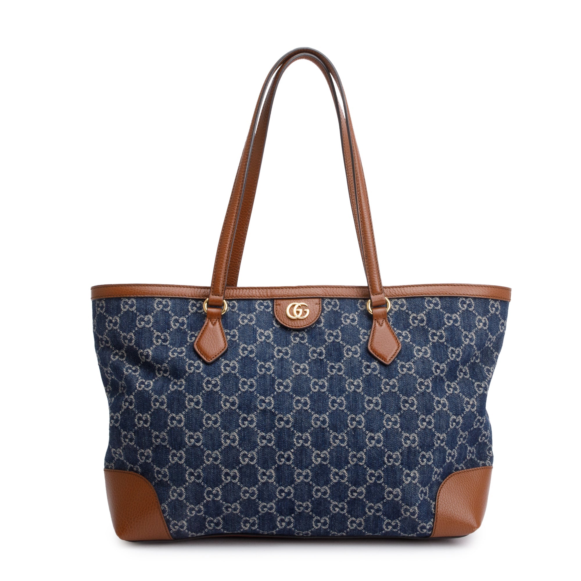 Gucci Blue GG Denim Brown Leather Trim Ophidia GG Medium Tote