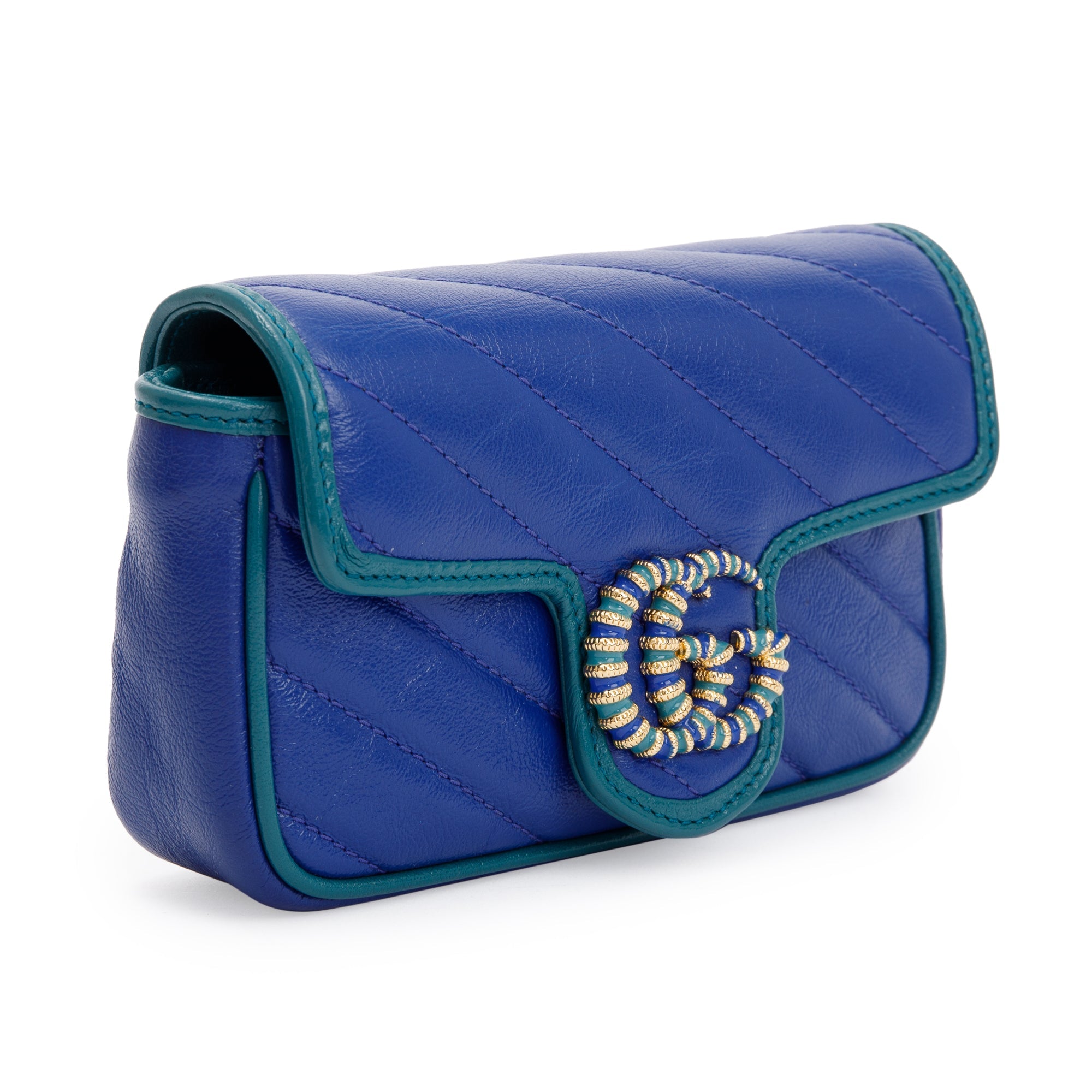 Gucci Blue & Green Calfskin Leather GG Marmont Torchon Super Mini Bag