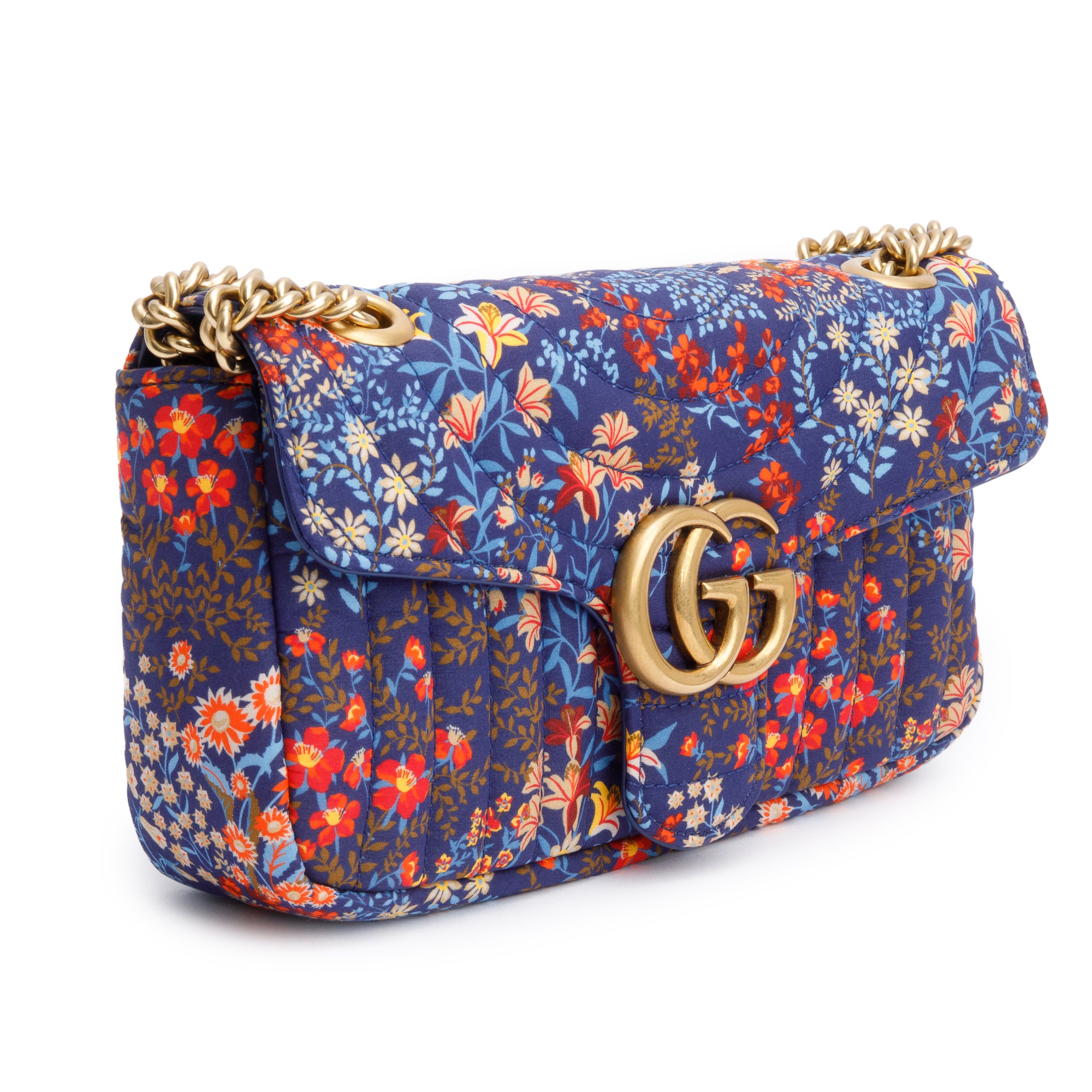 Gucci Blue Multicolor Floral Print Matelasse Cotton GG Marmont Matelasse Small Shoulder Bag