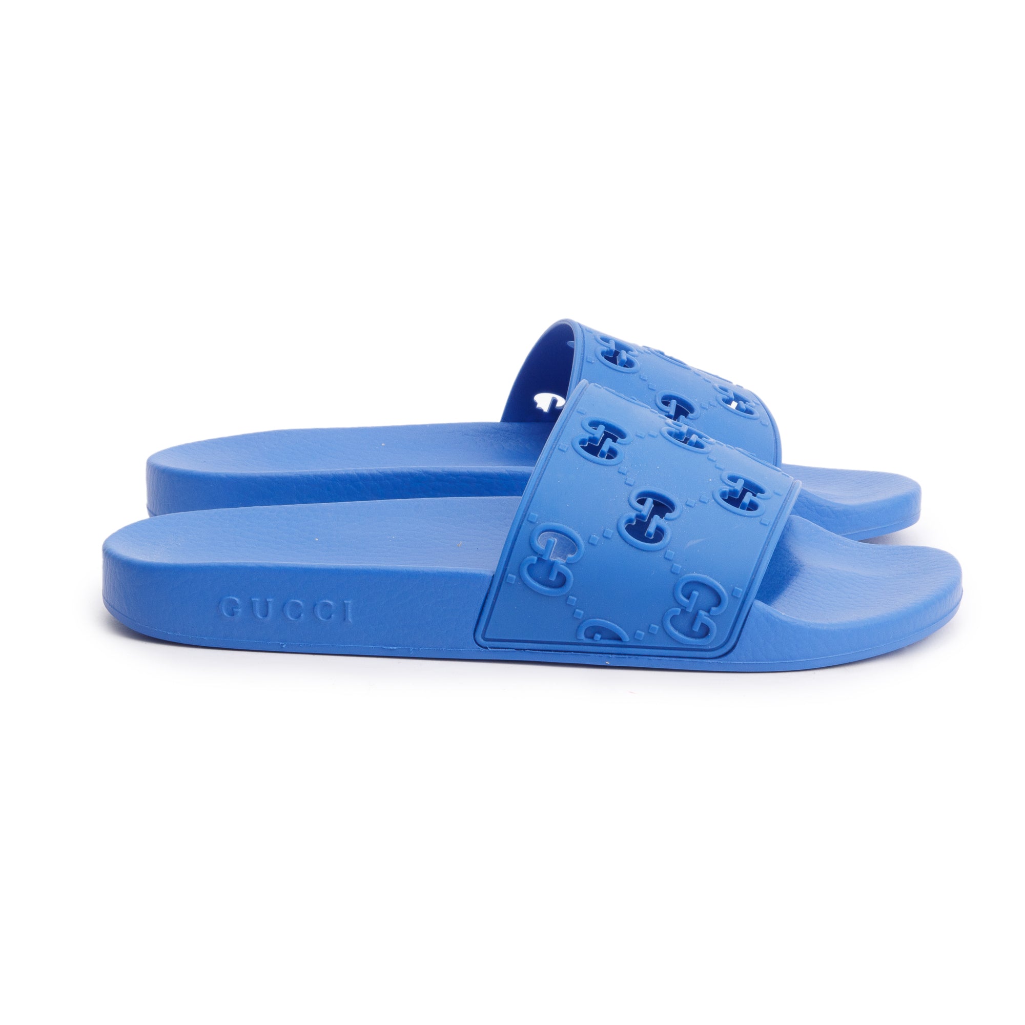 Gucci Blue Rubber GG Cutout Accent Slides, Size 11 w/ Box