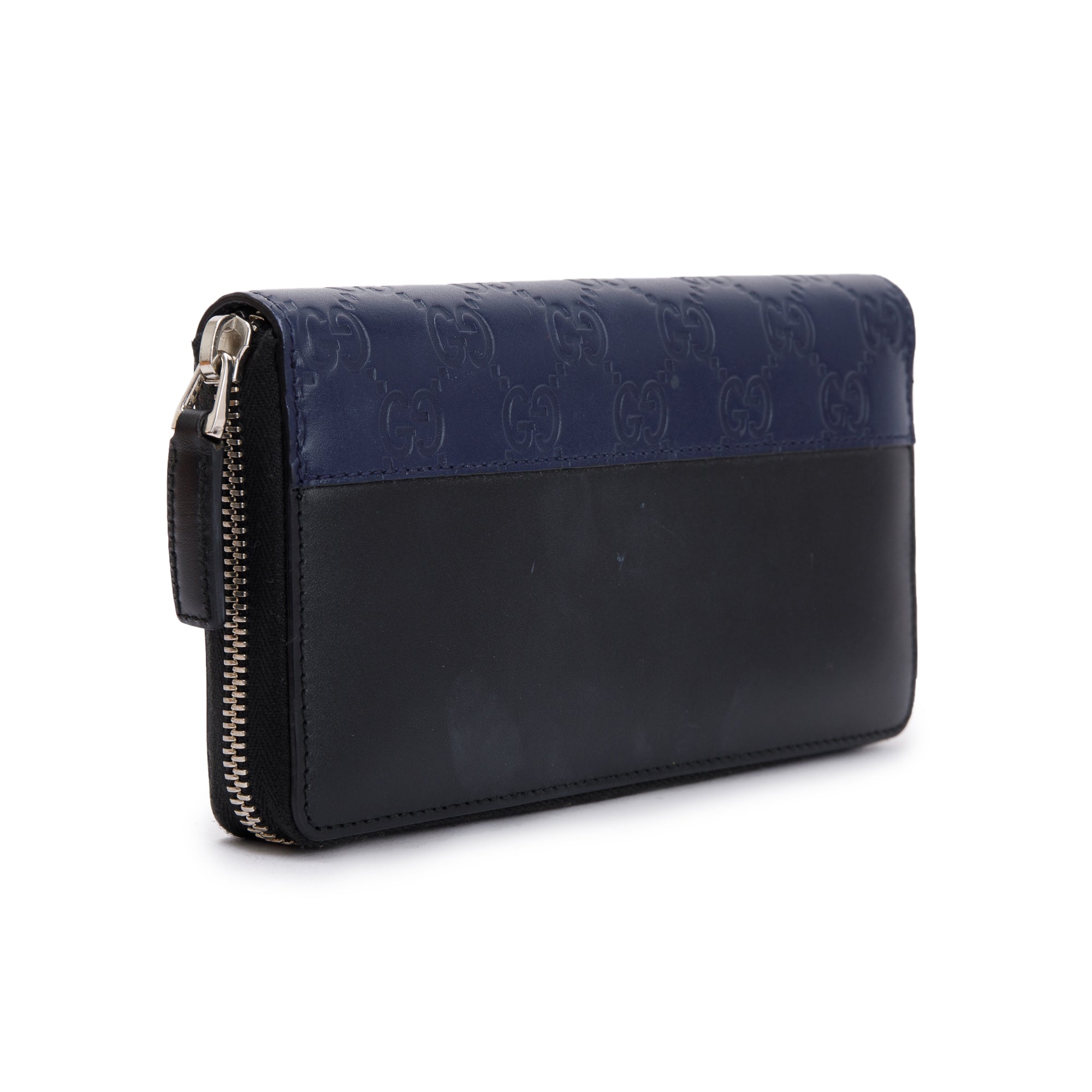 Gucci Blue Signature & Black Calfskin Leather Continental Zip Wallet