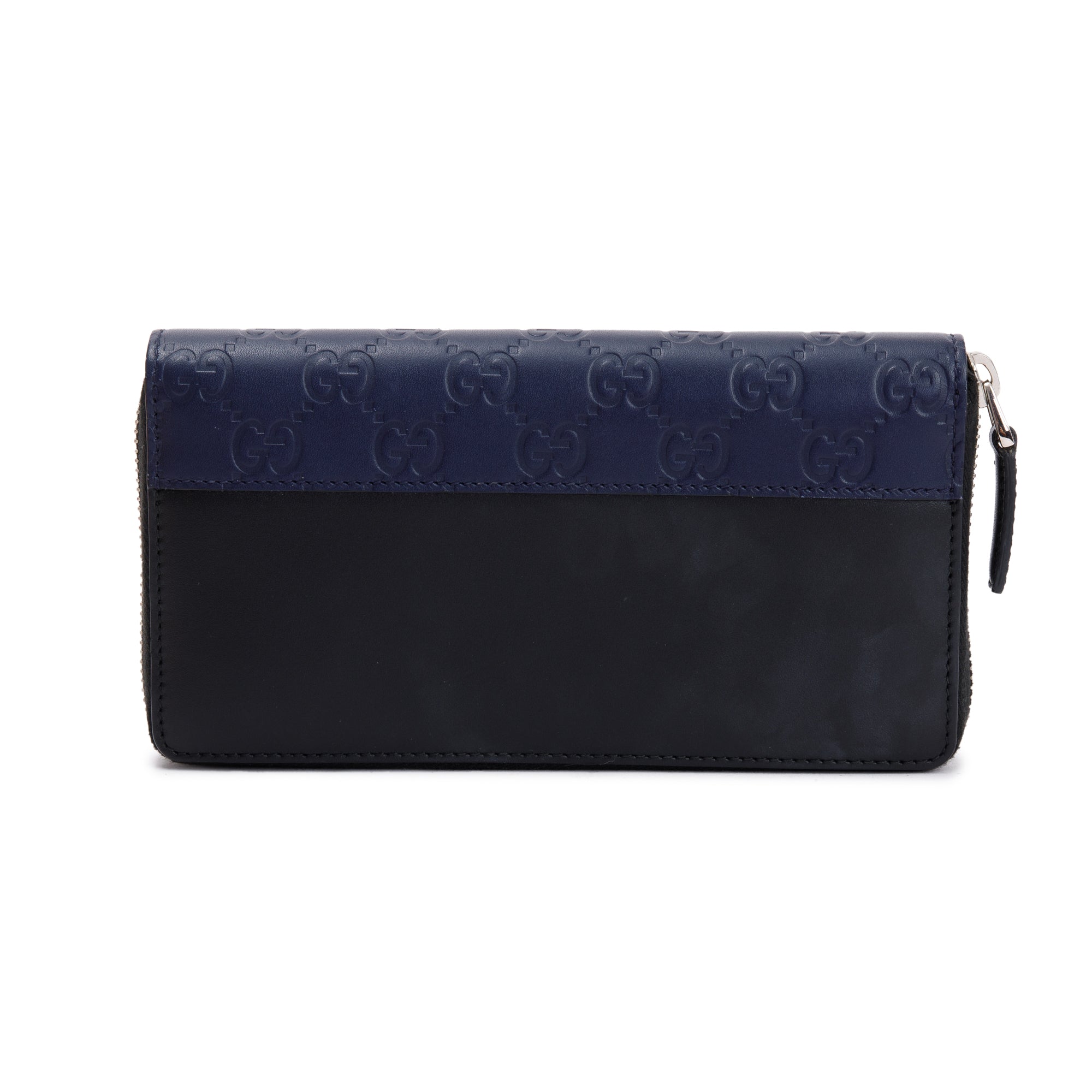 Gucci Blue Signature & Black Calfskin Leather Continental Zip Wallet