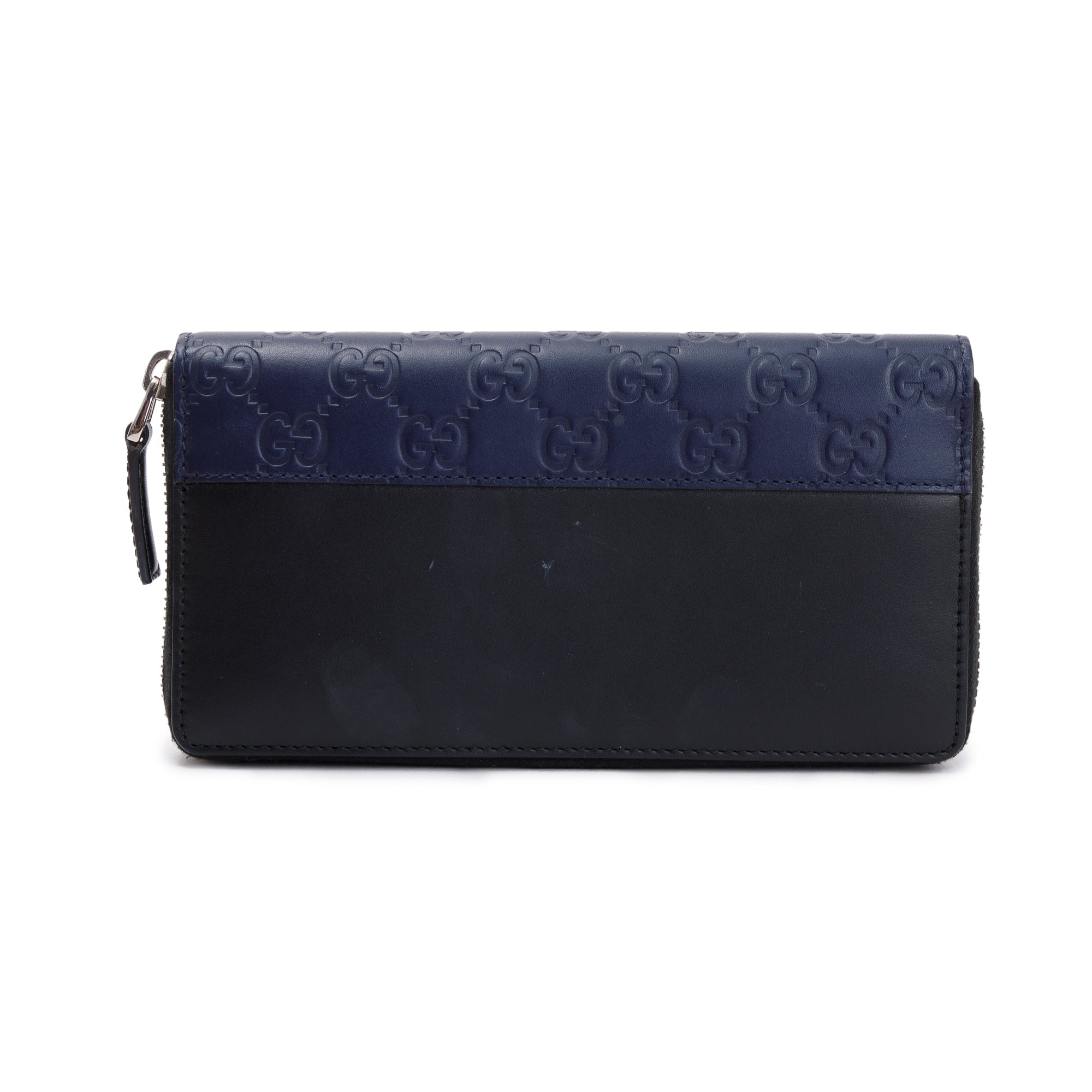 Gucci Blue Signature & Black Calfskin Leather Continental Zip Wallet
