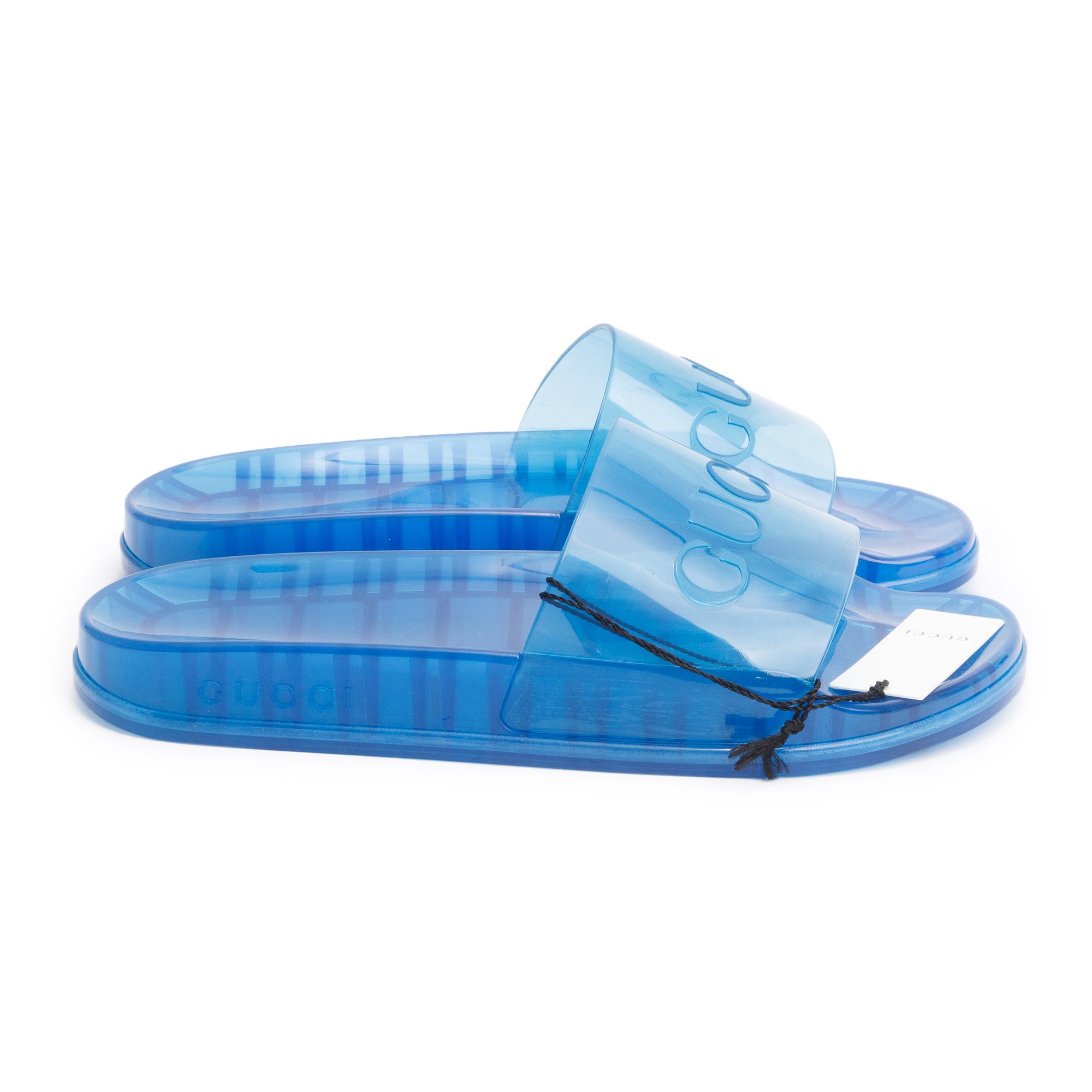 Gucci Blue Transparent Rubber Logo Slides, Size 10 w/ Box