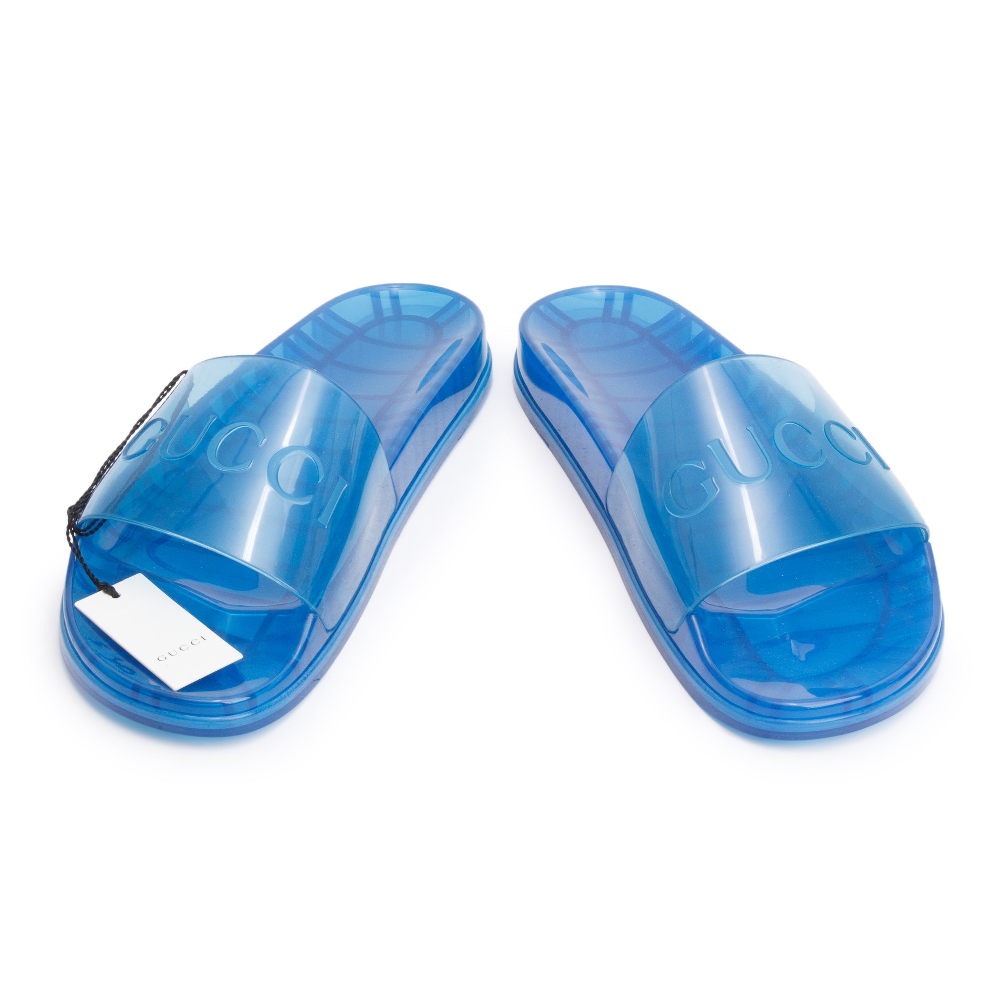 Gucci Blue Transparent Rubber Logo Slides, Size 10 w/ Box