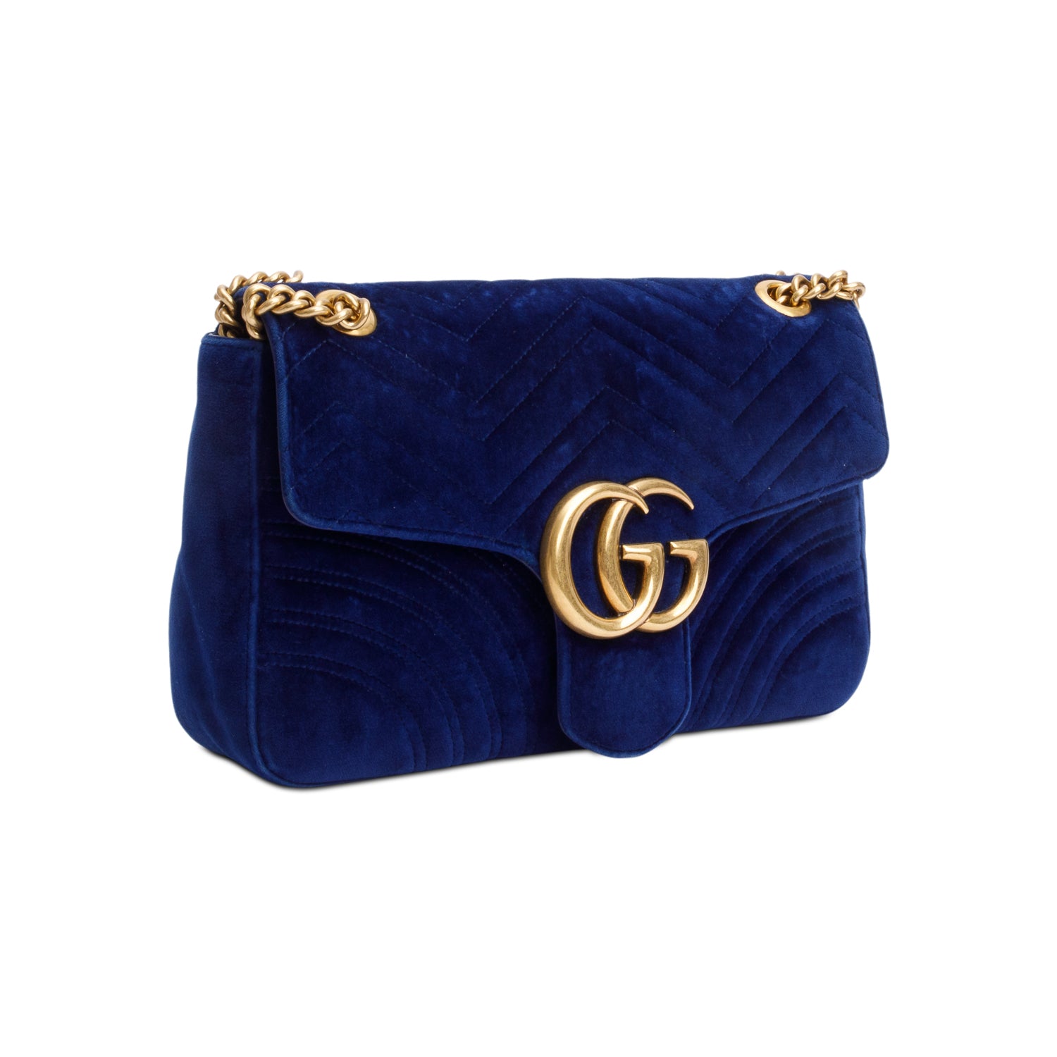 Gucci Blue Velvet Matelasse GG Marmont Medium Shoulder Bag