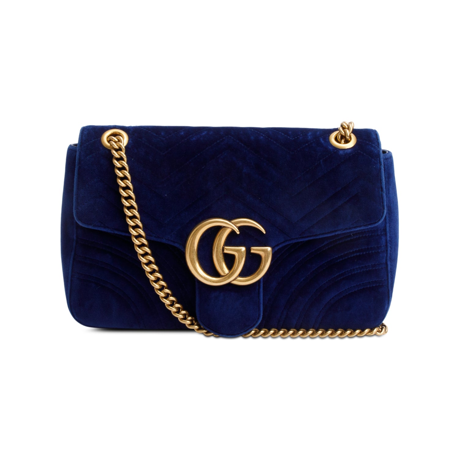 Gucci Blue Velvet Matelasse GG Marmont Medium Shoulder Bag