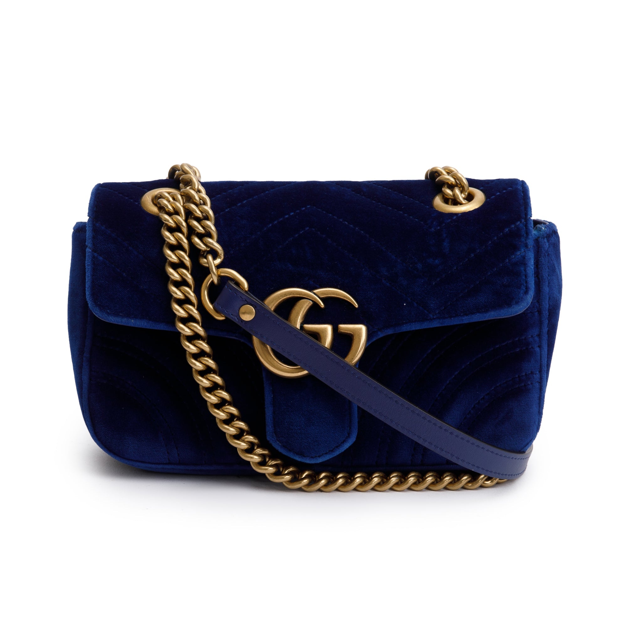 Gucci Blue Velvet Matelasse GG Marmont Mini Shoulder Bag