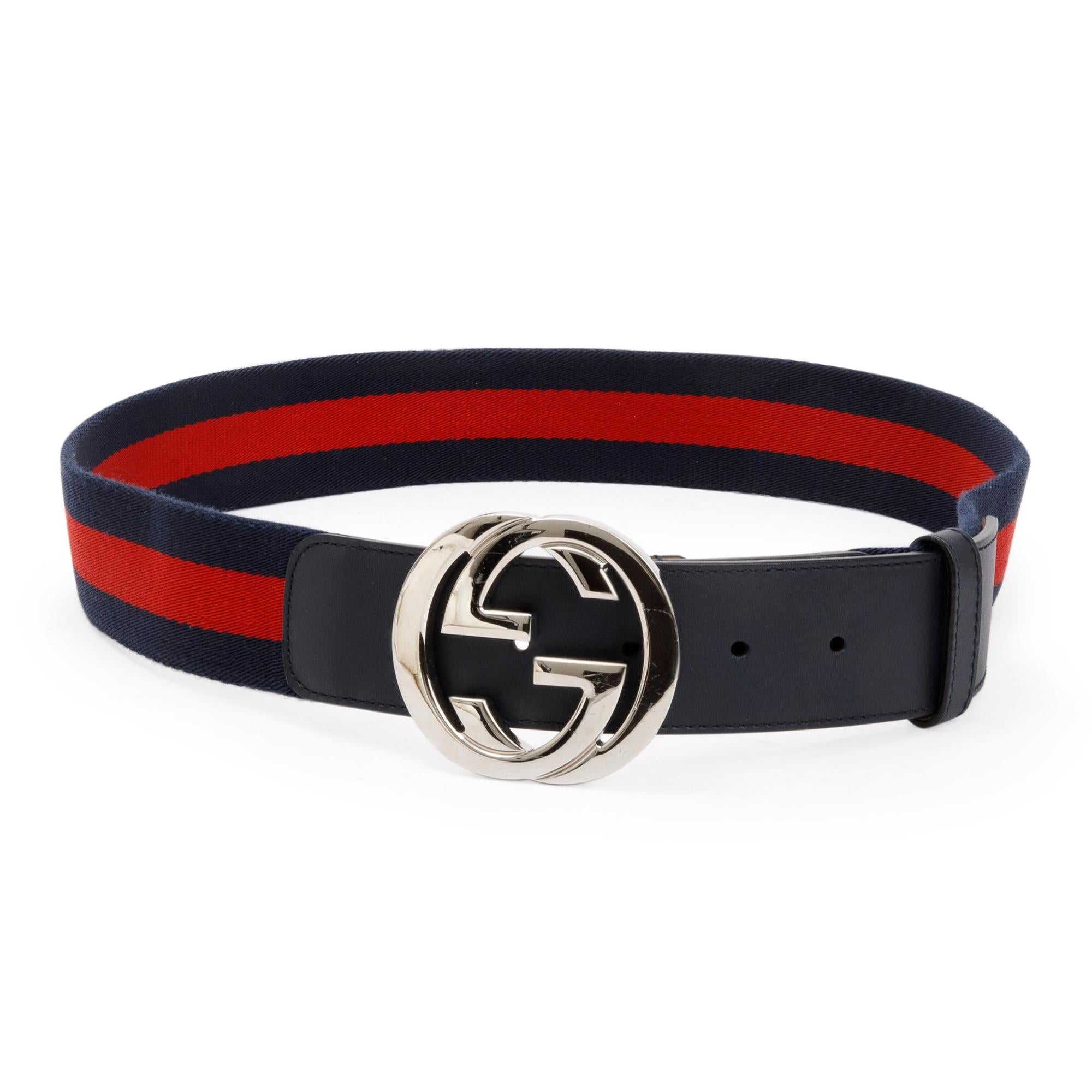 Gucci Blue and Red Web Belt with G Buckle 85 34