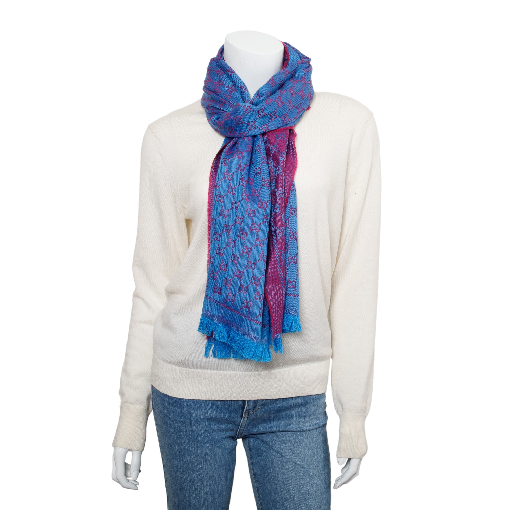 Gucci Blue/Pink Wool Jacquard Monogram Reversible Scarf