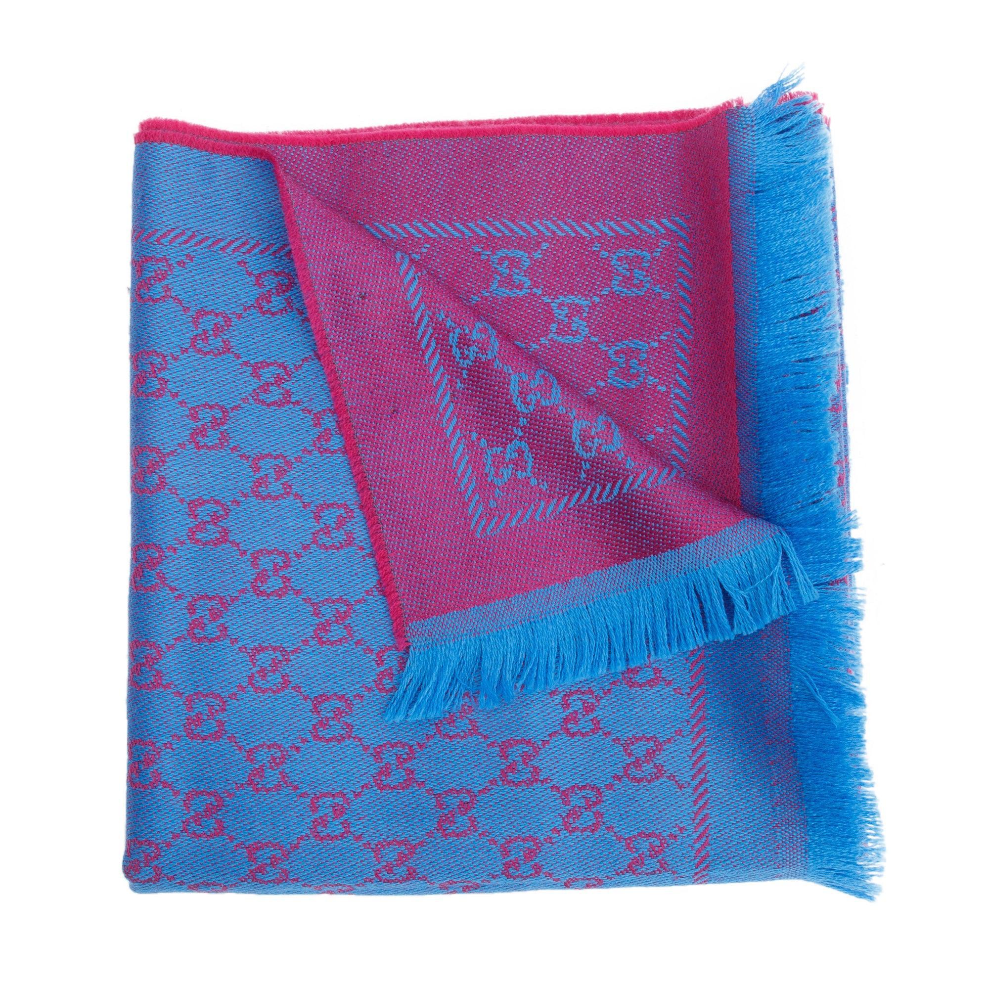 Gucci Blue/Pink Wool Jacquard Monogram Reversible Scarf