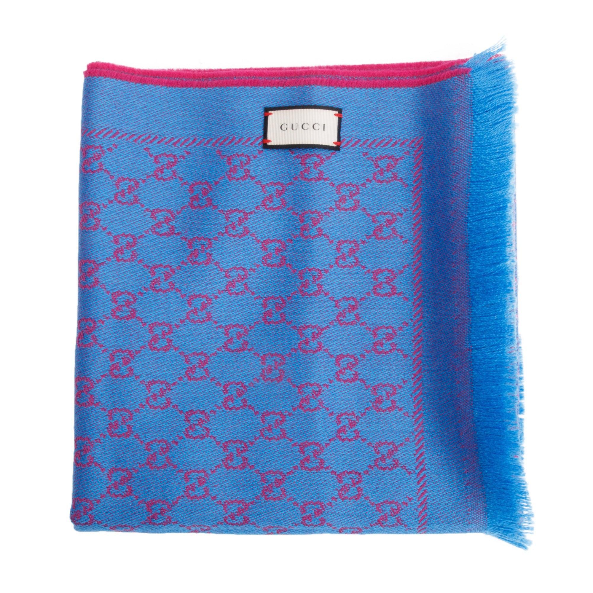 Gucci Blue/Pink Wool Jacquard Monogram Reversible Scarf