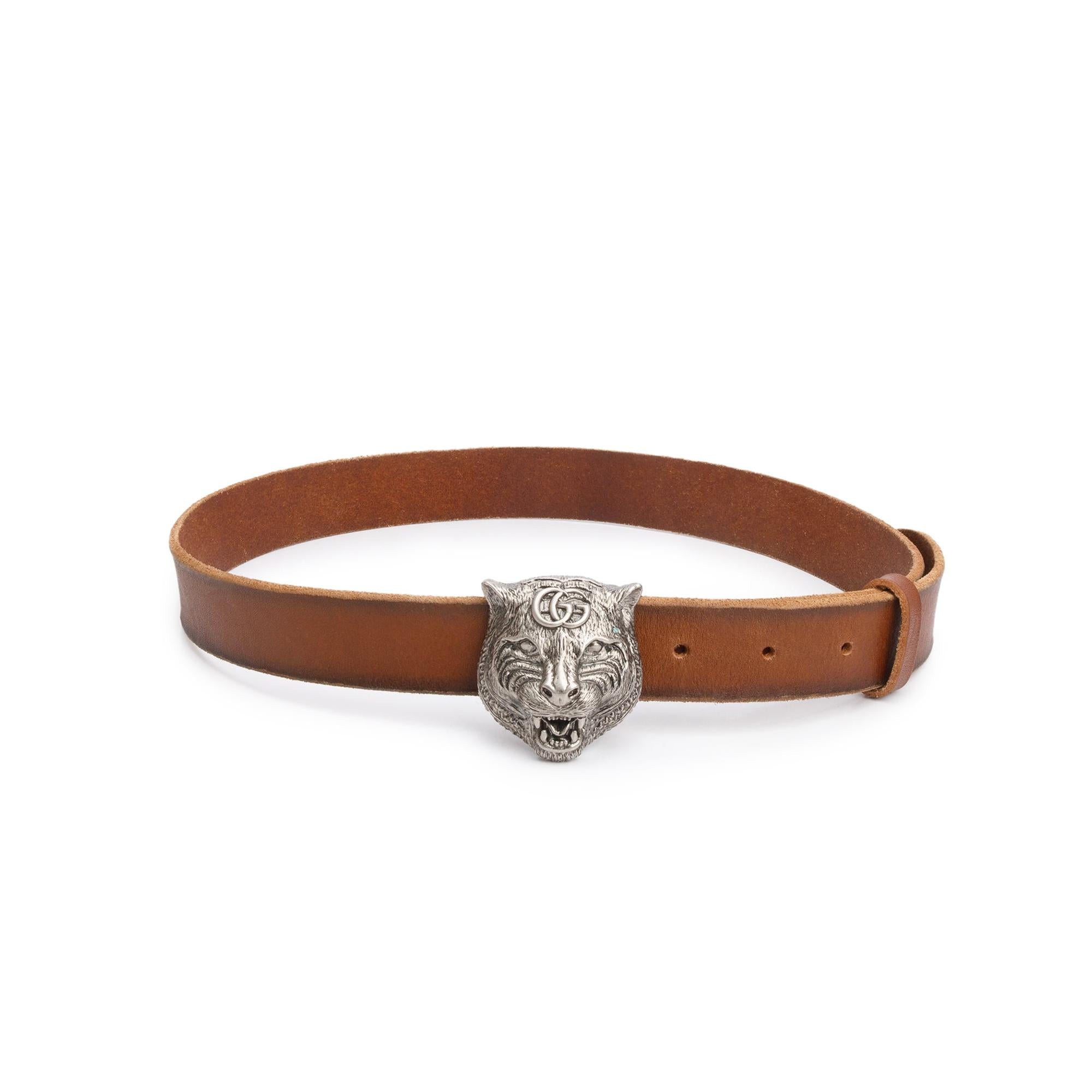 Gucci Brown Calfskin Leather Feline Buckle Belt, 75 30