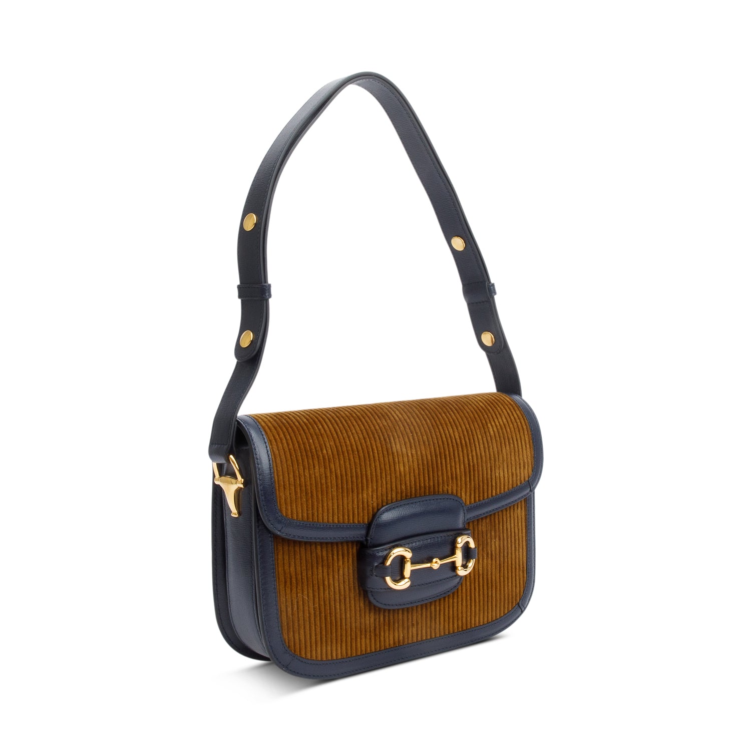 Gucci Brown Corduroy Blue Leather Trim Horsebit 1955 Small Shoulder Bag