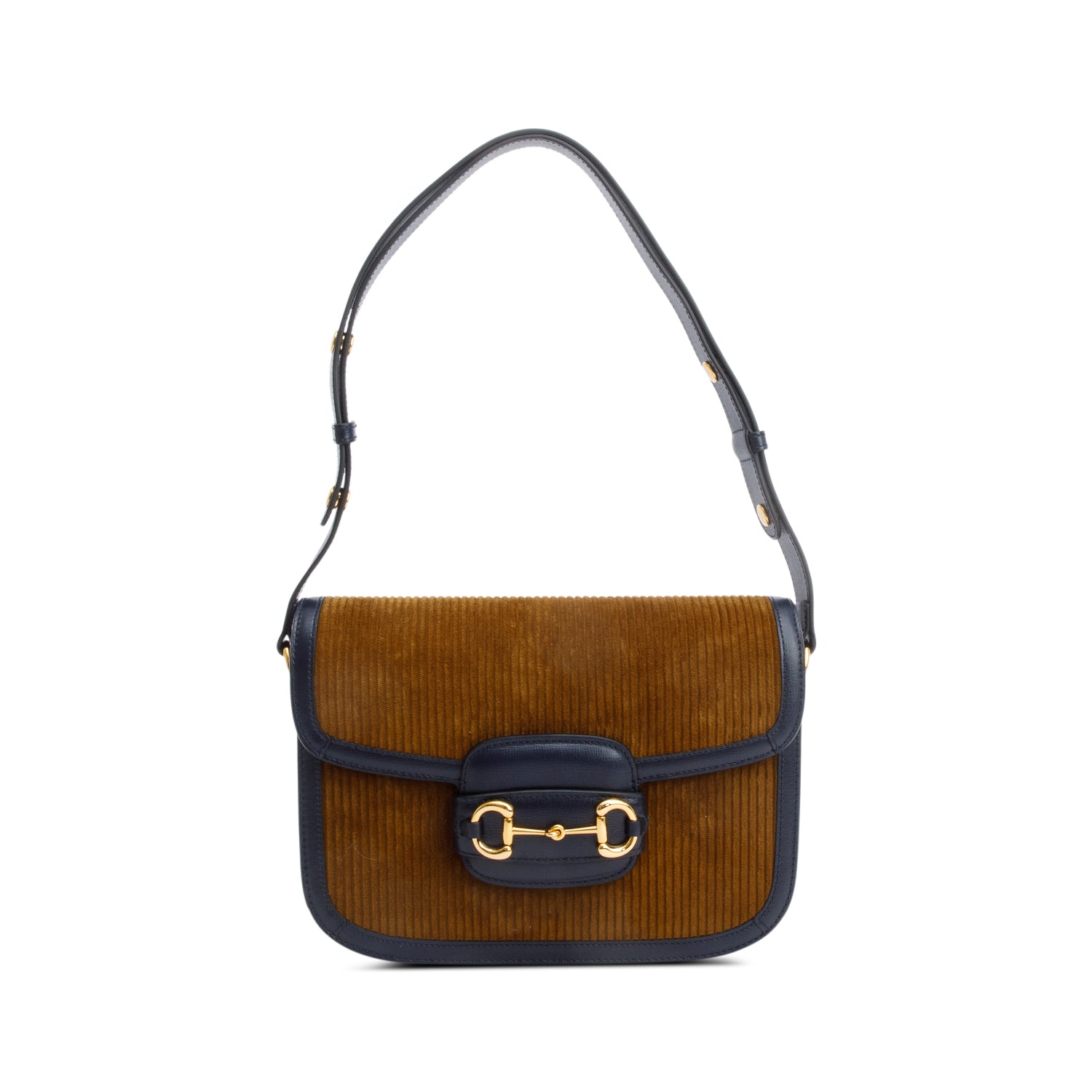 Gucci Brown Corduroy Blue Leather Trim Horsebit 1955 Small Shoulder Bag