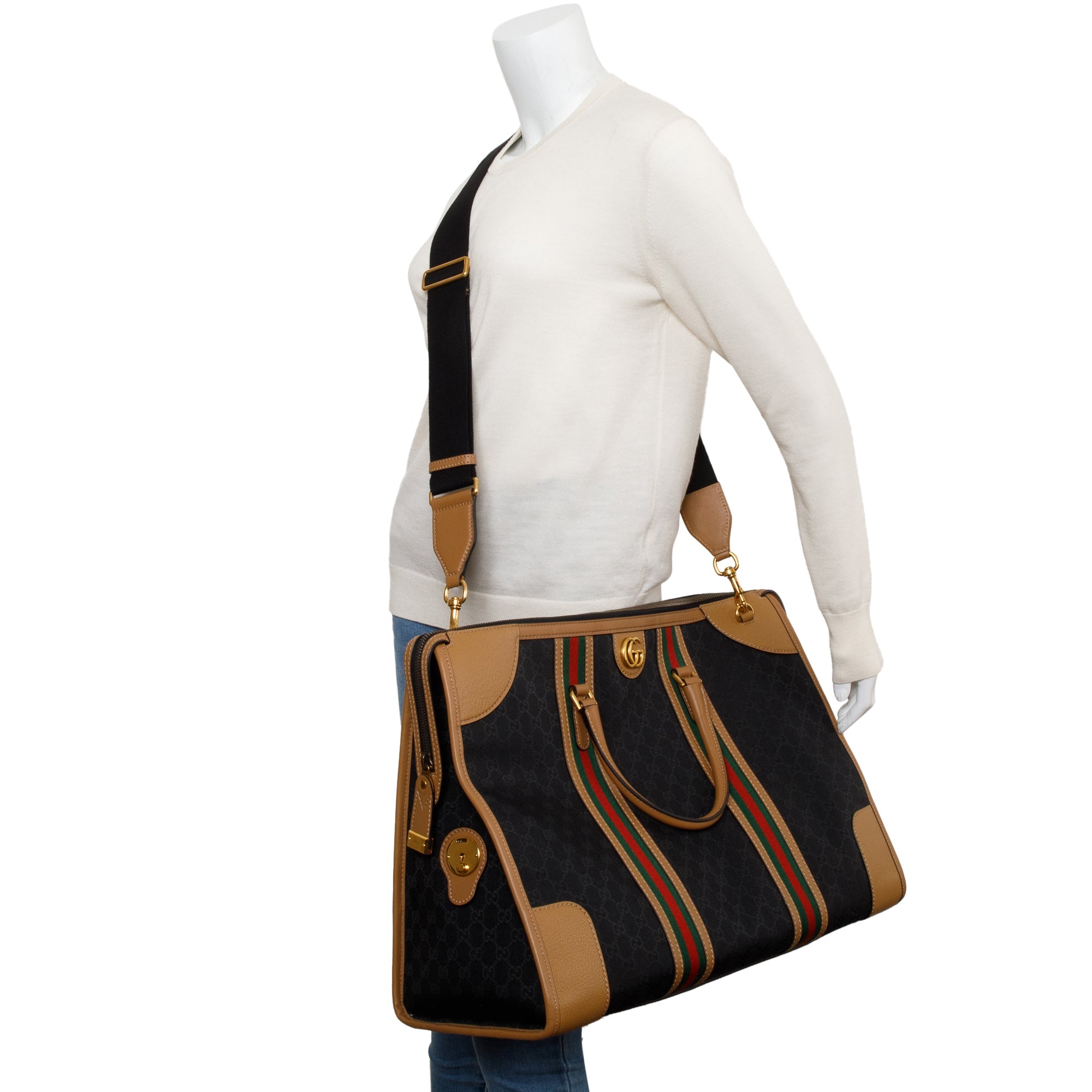 Gucci Brown GG Canvas Tan Leather Bauletto Extra Large Duffle Bag w/ Strap