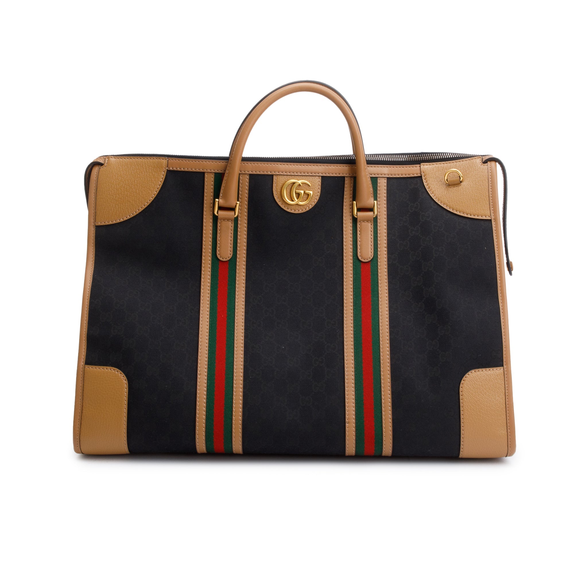 Gucci Brown GG Canvas Tan Leather Bauletto Extra Large Duffle Bag w/ Strap