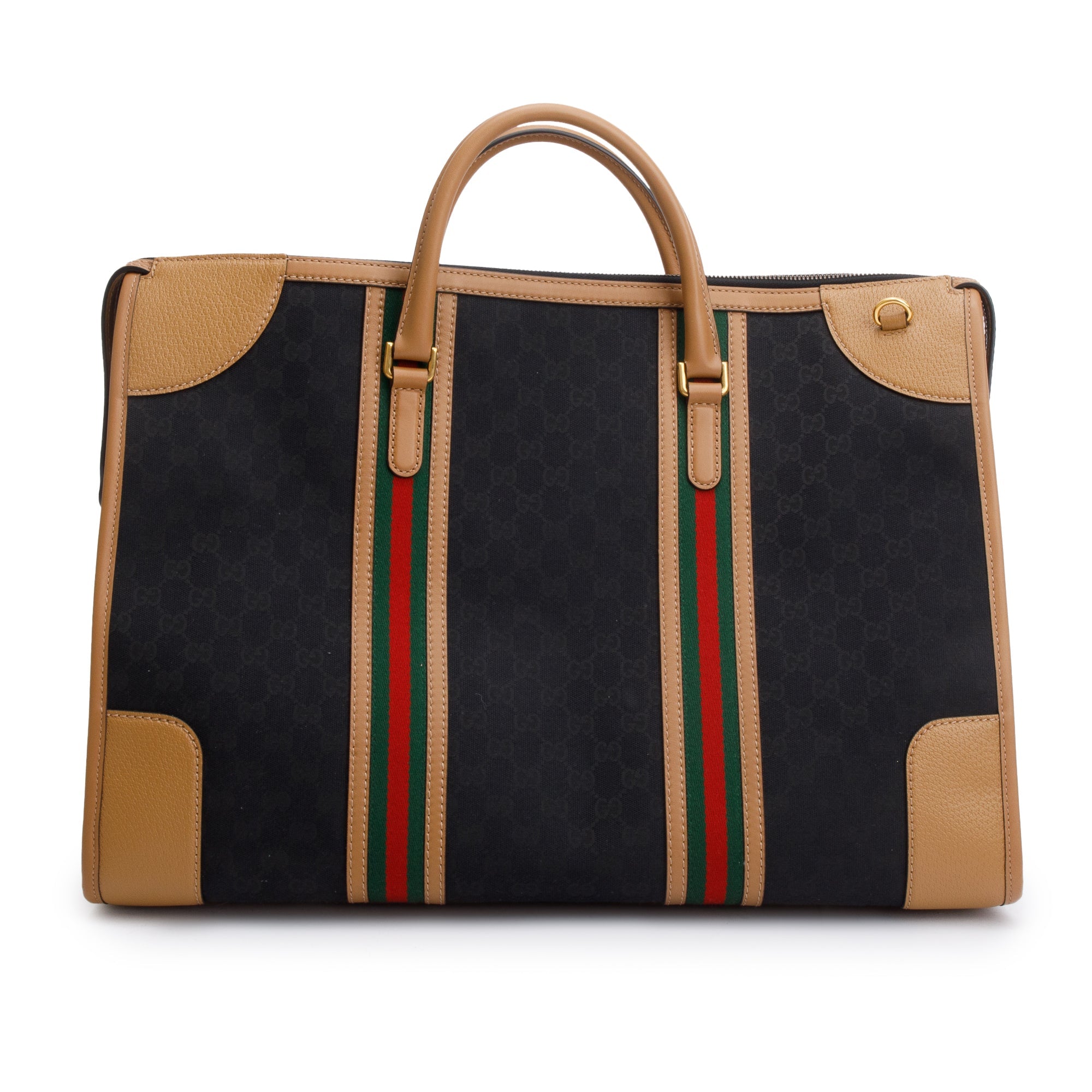 Gucci Brown GG Canvas Tan Leather Bauletto Extra Large Duffle Bag w/ Strap