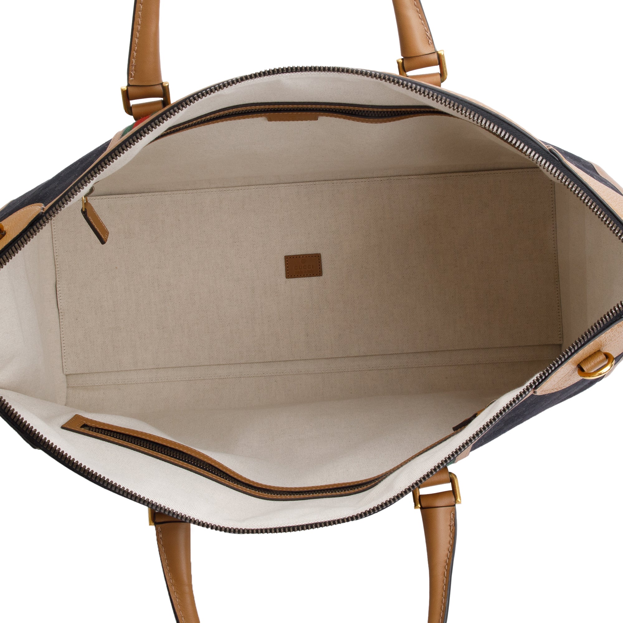 Gucci Brown GG Canvas Tan Leather Bauletto Extra Large Duffle Bag w/ Strap