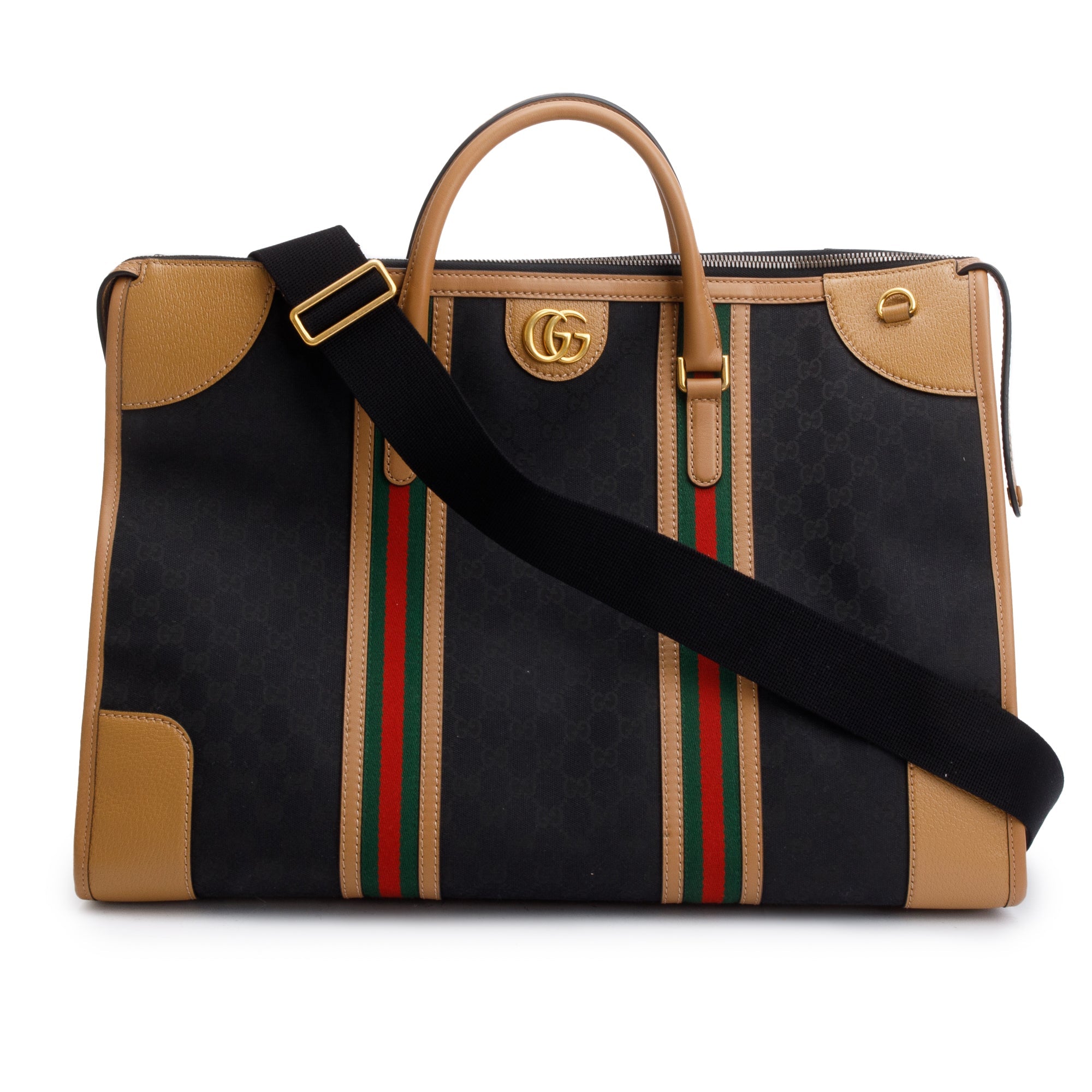 Gucci Brown GG Canvas Tan Leather Bauletto Extra Large Duffle Bag w/ Strap