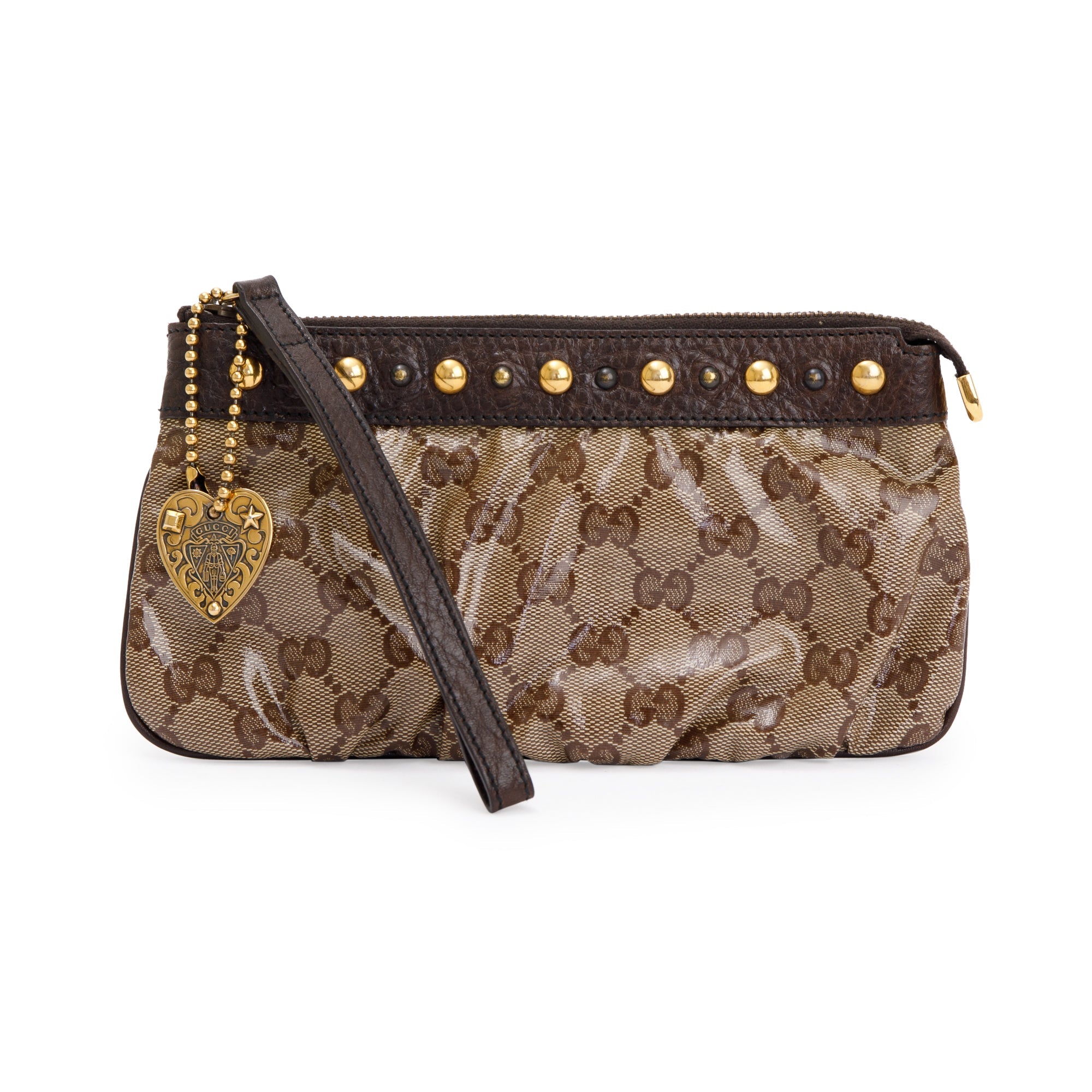 Gucci Brown GG Crystal Monogram Babouska Wristlet Pouch w/ Box