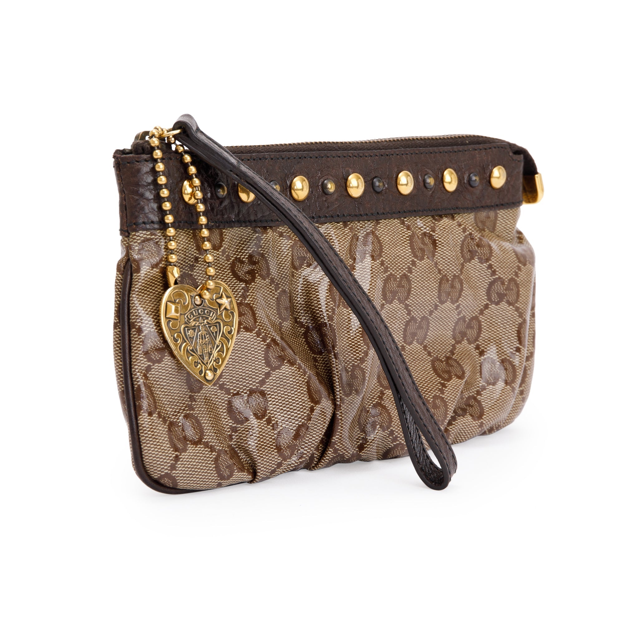 Gucci Brown GG Crystal Monogram Babouska Wristlet Pouch w/ Box