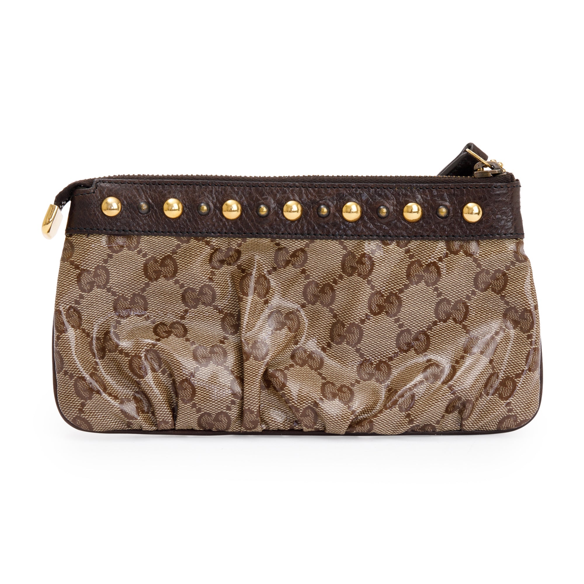 Gucci Brown GG Crystal Monogram Babouska Wristlet Pouch w/ Box