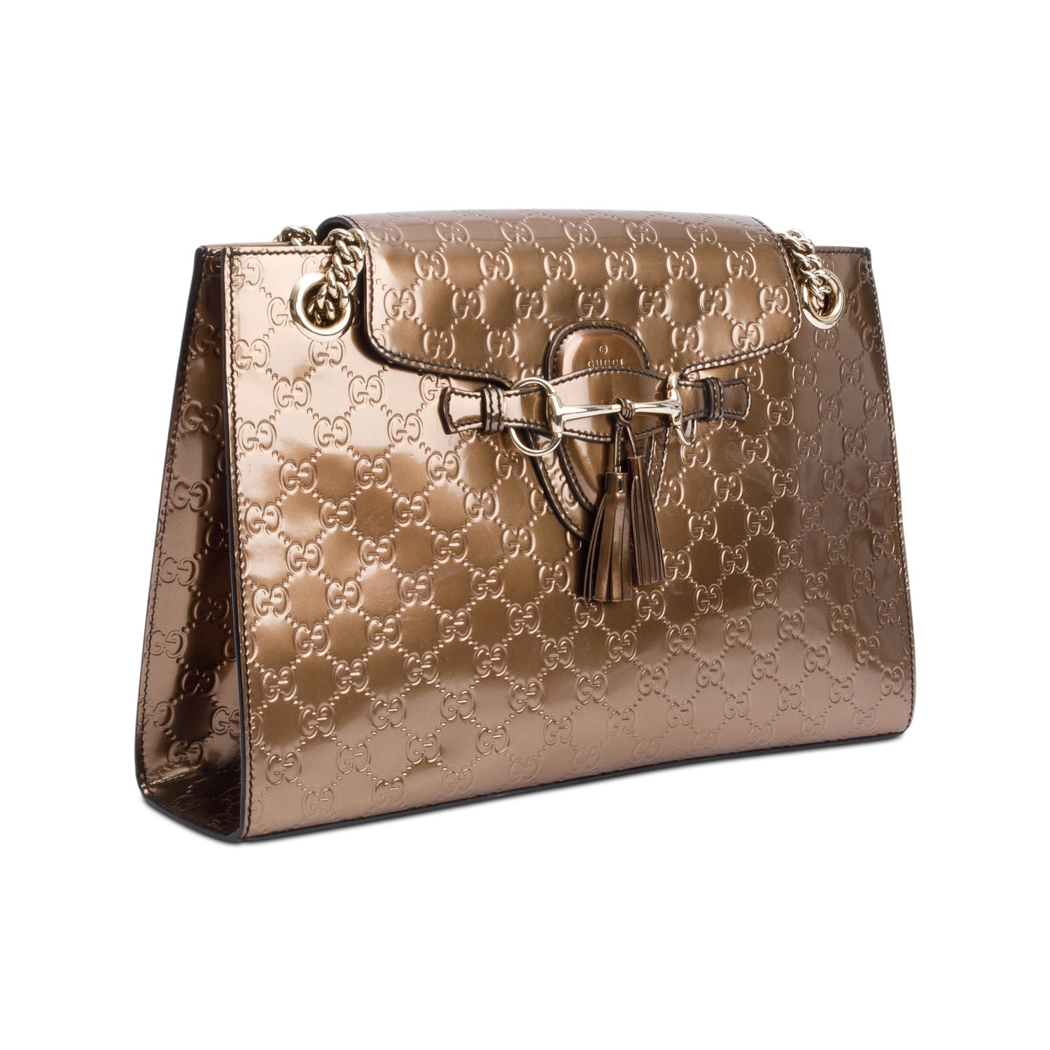 Gucci Brown GG Signature Patent Leather Large Emily Chain Shoulder Bag