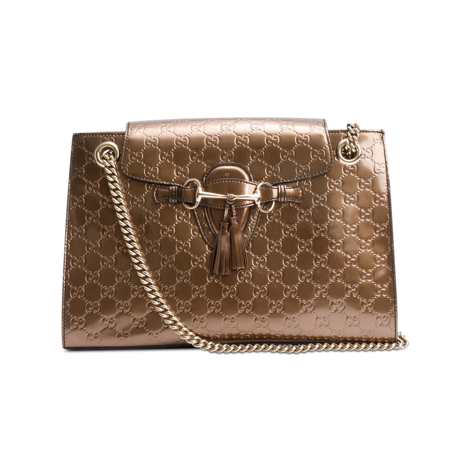 Gucci Brown GG Signature Patent Leather Large Emily Chain Shoulder Bag